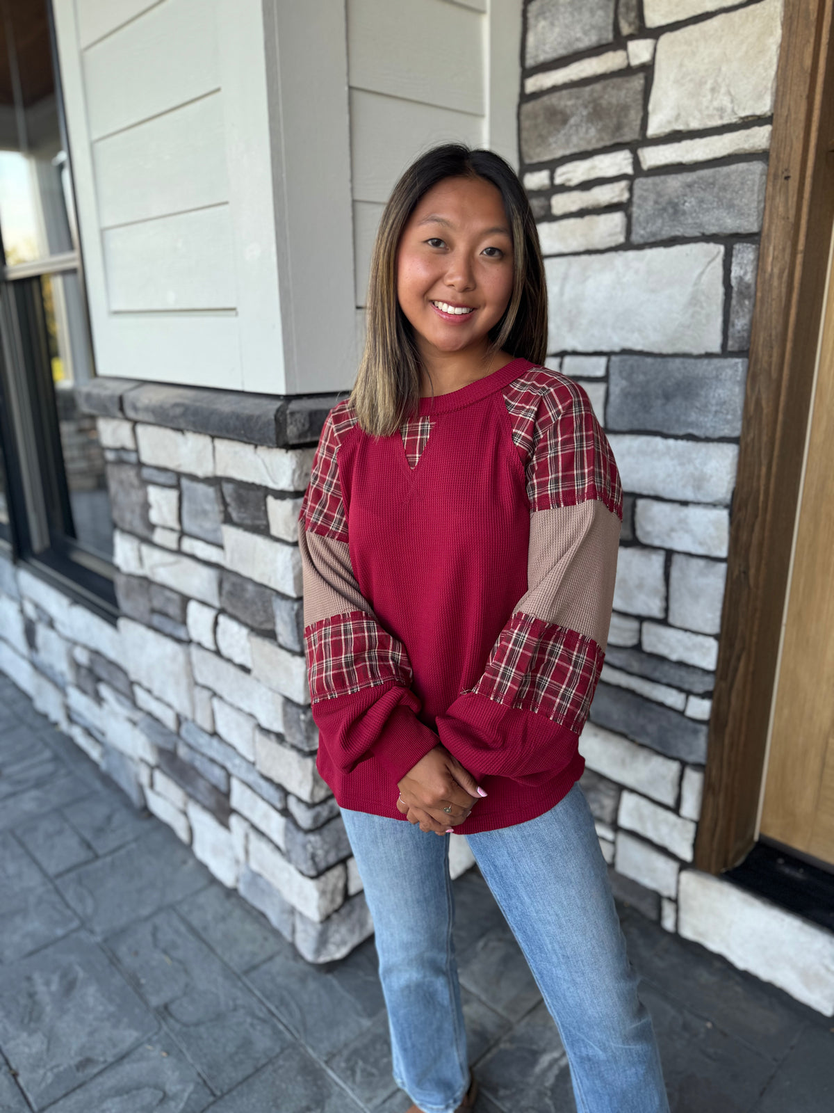 Helen Burgundy & Tan Plaid Patchwork Thermal Knit Top