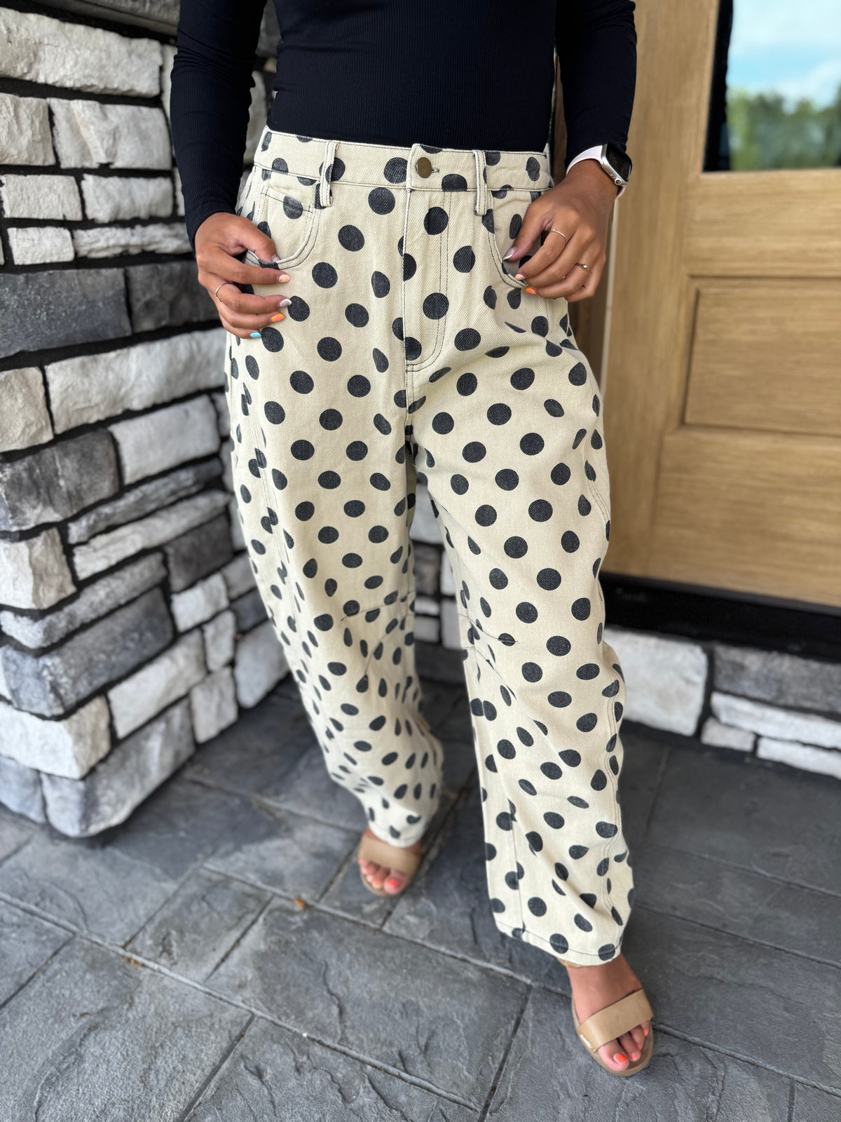 Layla Khaki & Black Polka Dot Washed Twill Barrel Pants