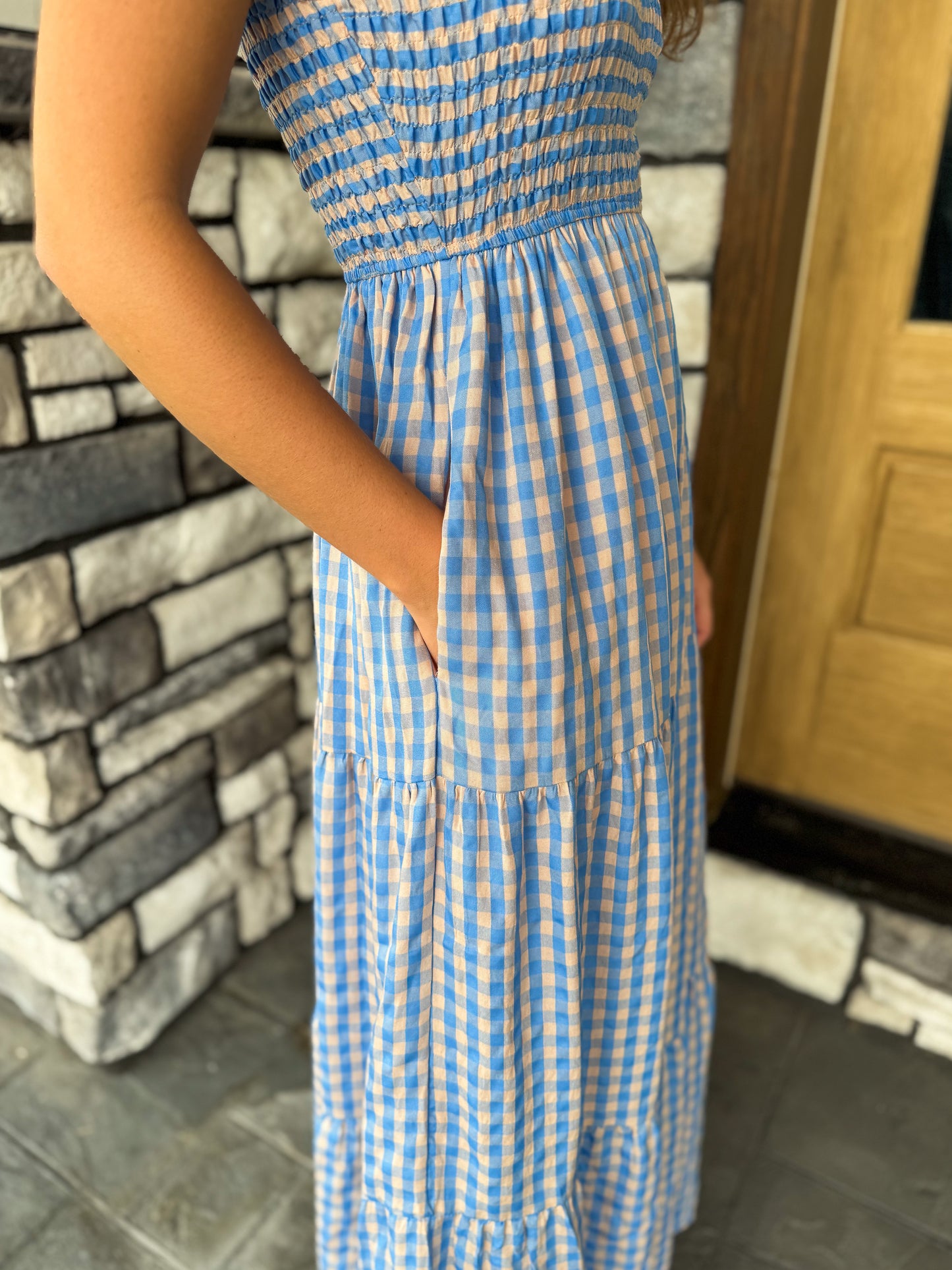 Melanie Blue & Peach Smocked Bodice Gingham Maxi Dress