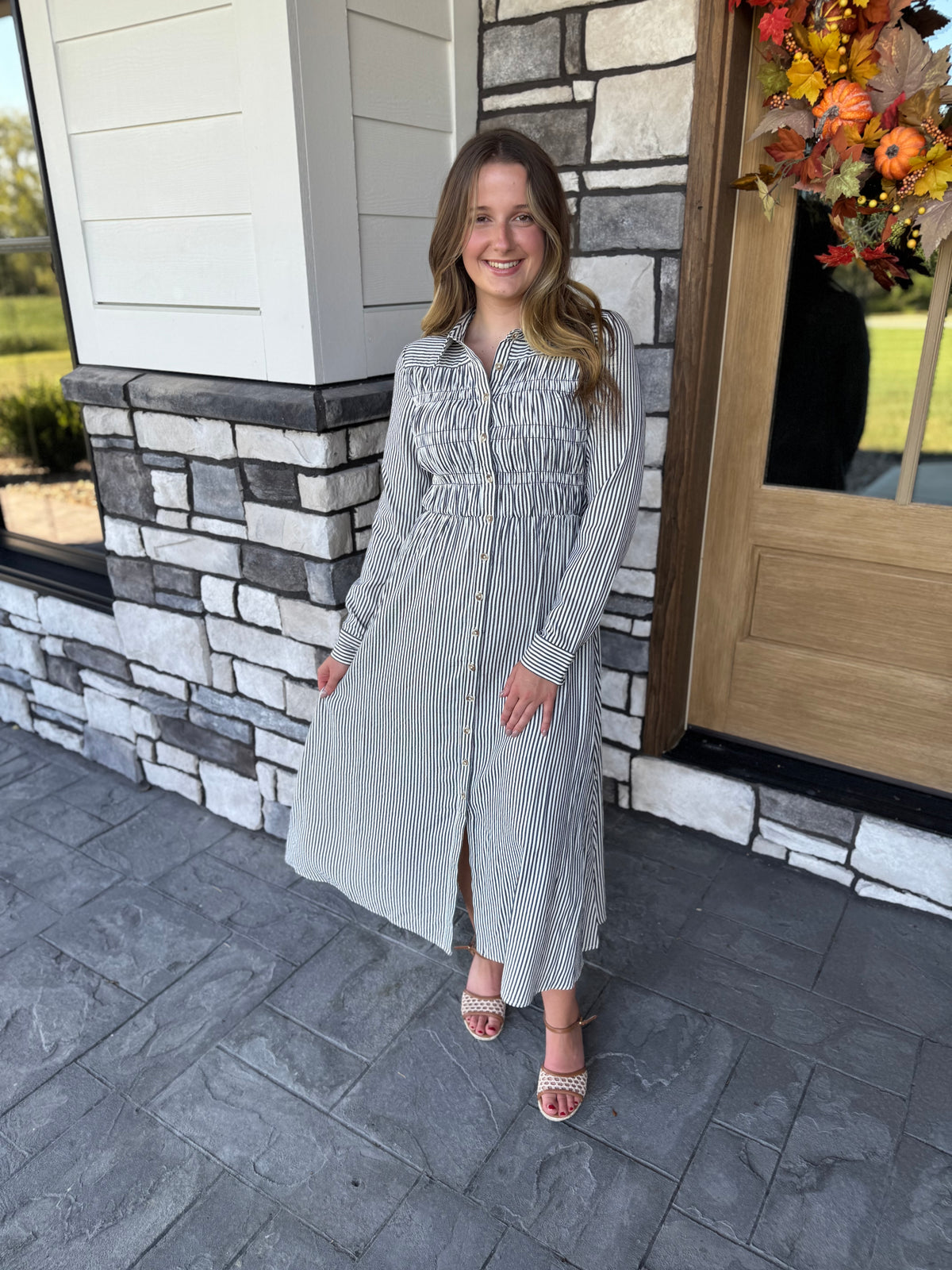 Mindy Navy Striped Button Up Midi Dress