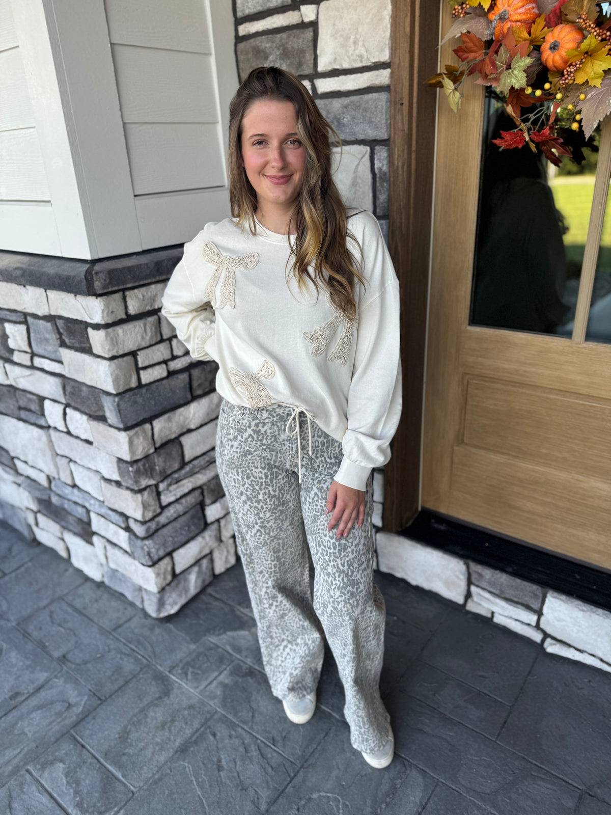 Leopard High Rise Drawstring Waistband Wide Leg Jeans