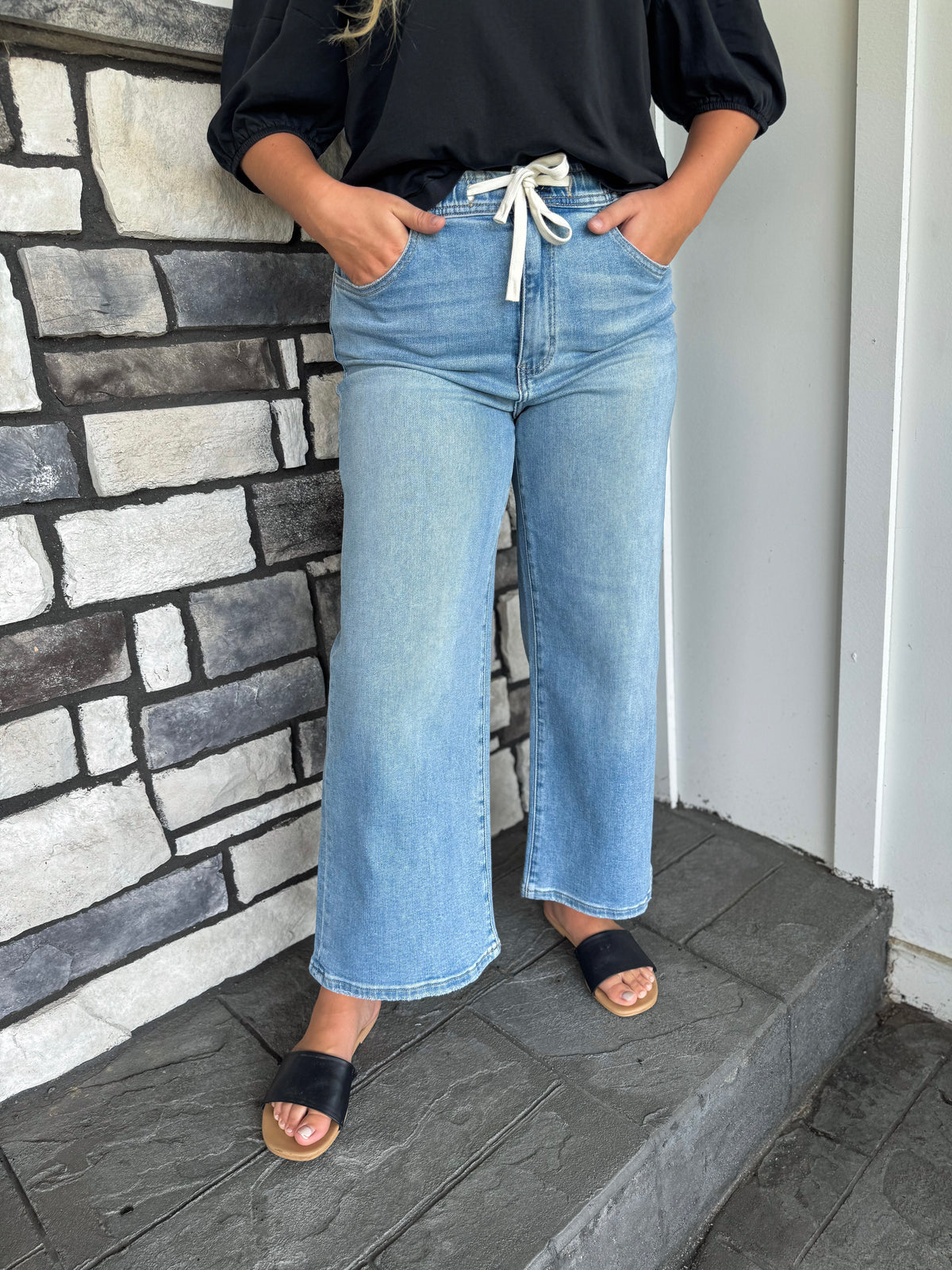 Super High Rise Elastic/Drawstring Waistband Crop Wide Jeans