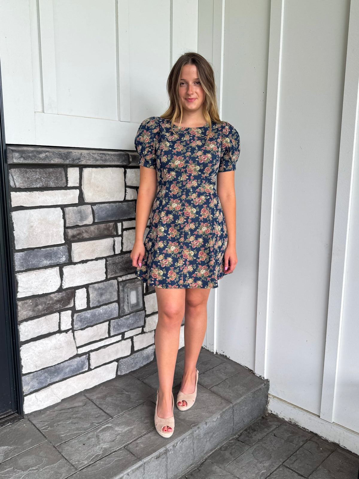 Elaine Floral Puff Sleeve Seam Detail Denim Mini Dress