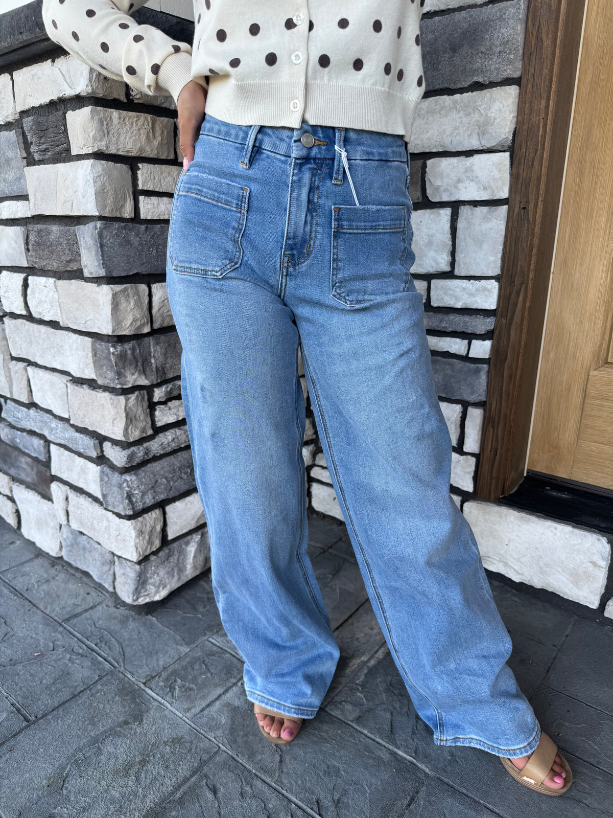 High Rise Front Patch Pocket Wide Leg Jeans