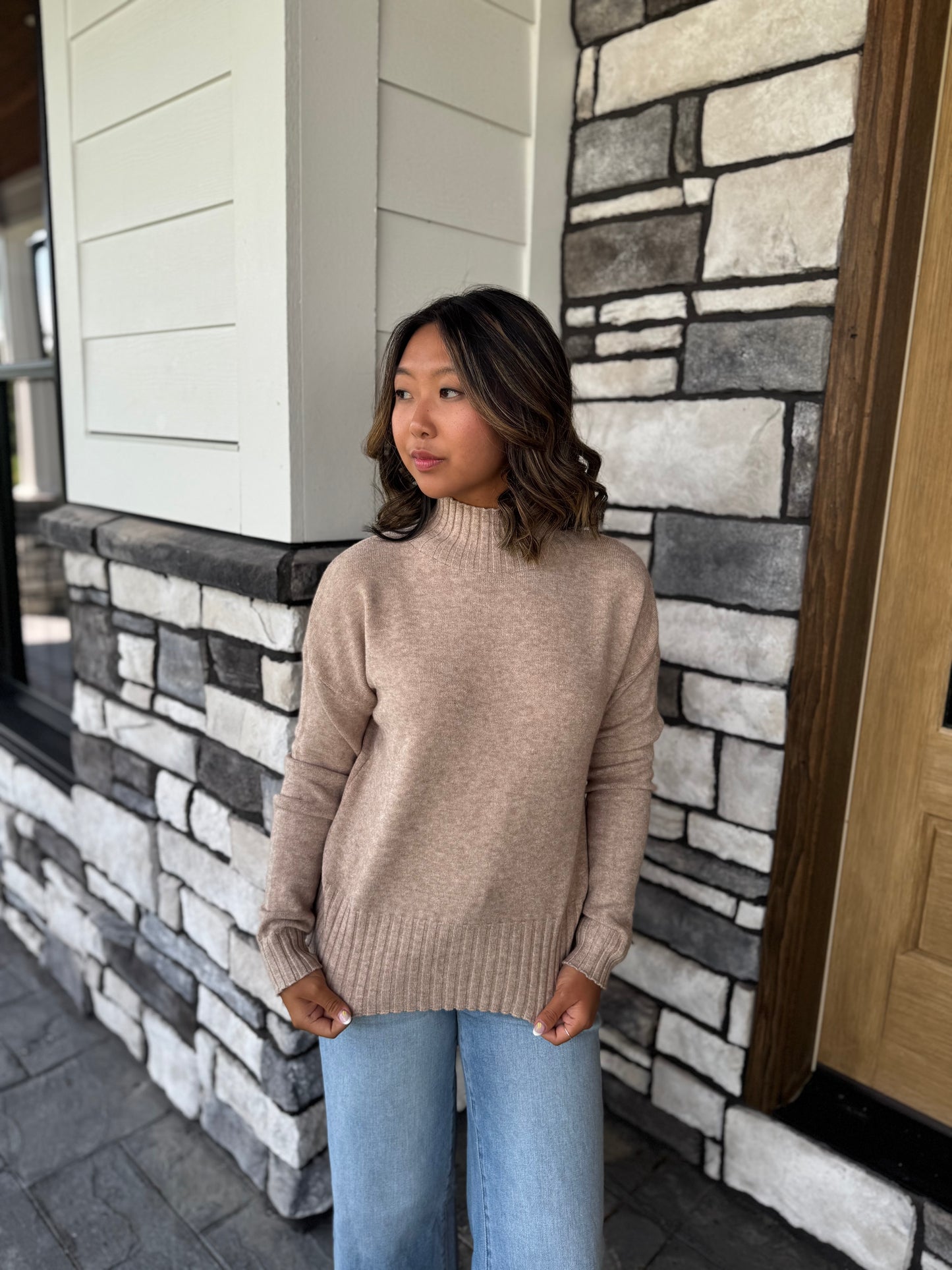 Lilah Beige Soft Knit Sweater W/ Ribbed Details