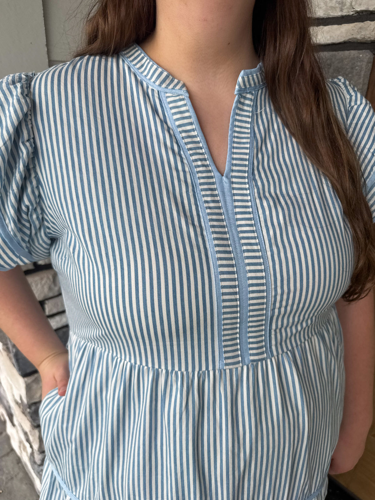 Tammy  Plus Size Baby Blue & White Pinstripe Double Ruffle Sleeveless Dress