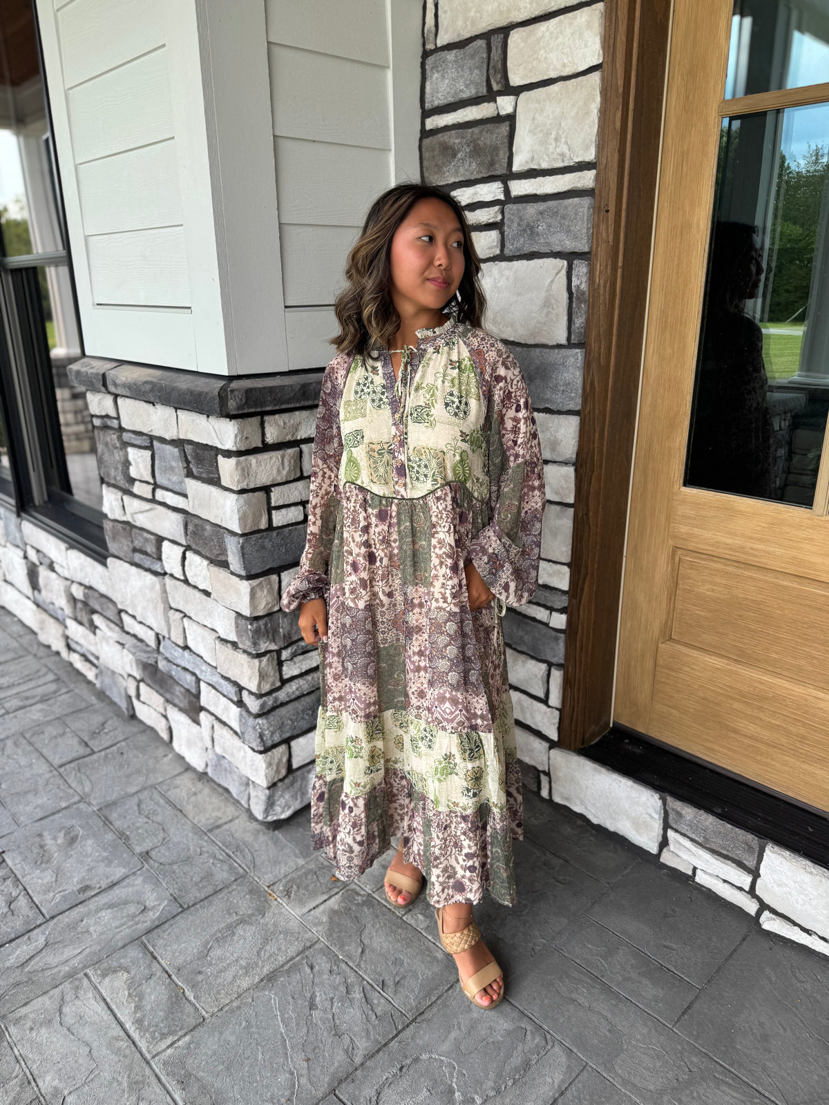 Mandy Olive Green Floral Patchwork Print Midi Dress