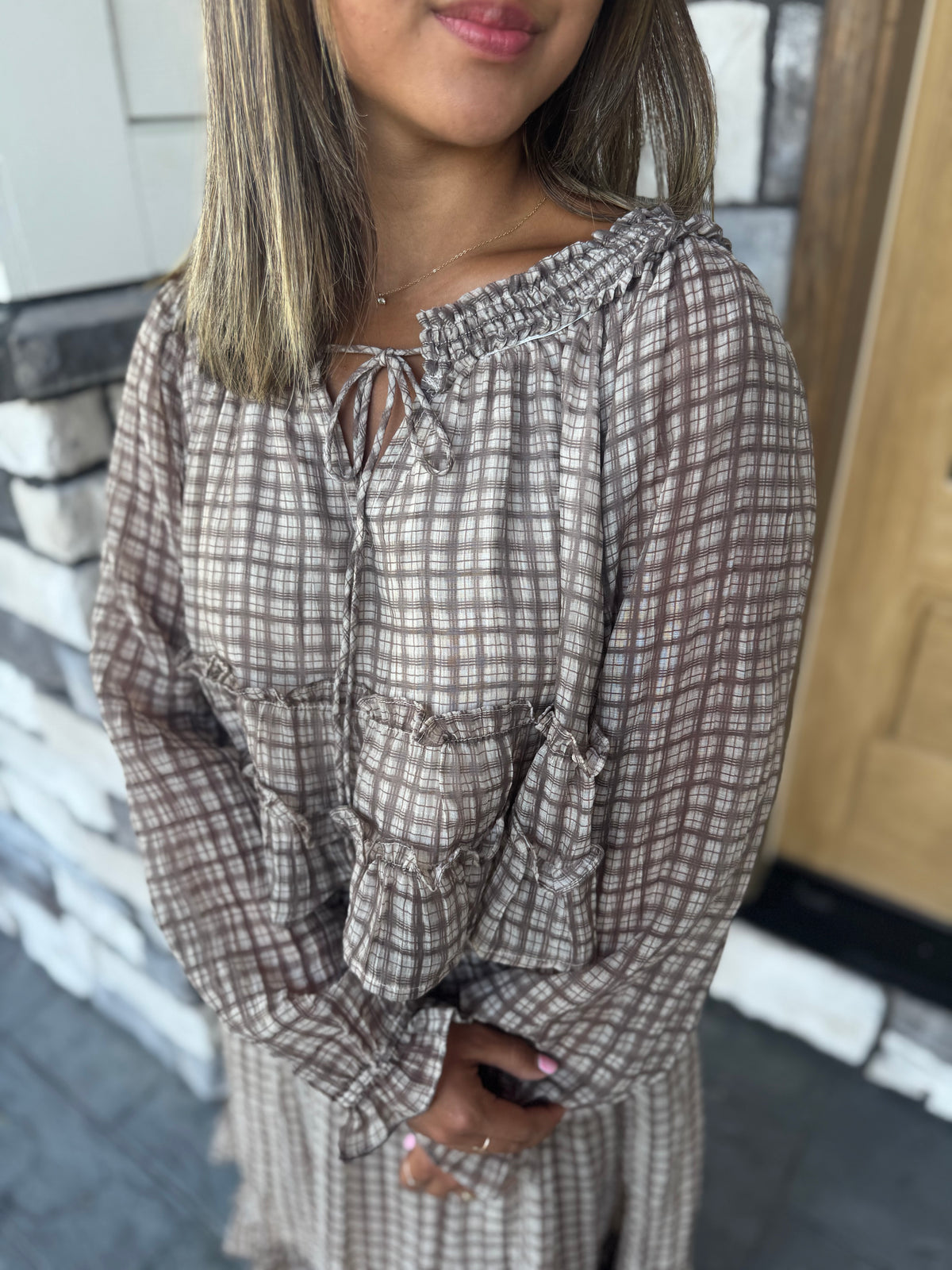 Lana Brown Plaid Smocked Neckline Top