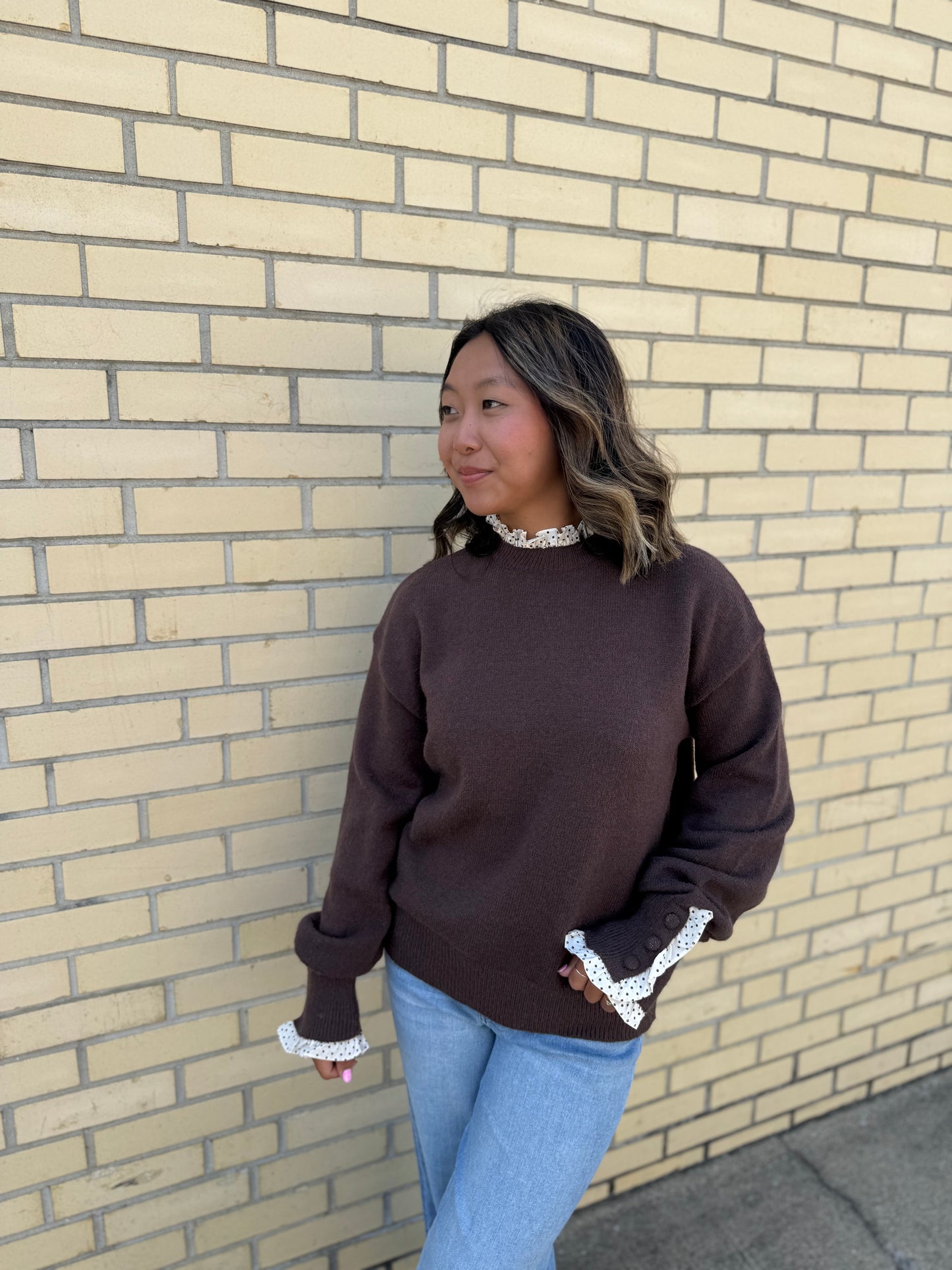 Nova Dark Brown Ruffle Detail Sweater