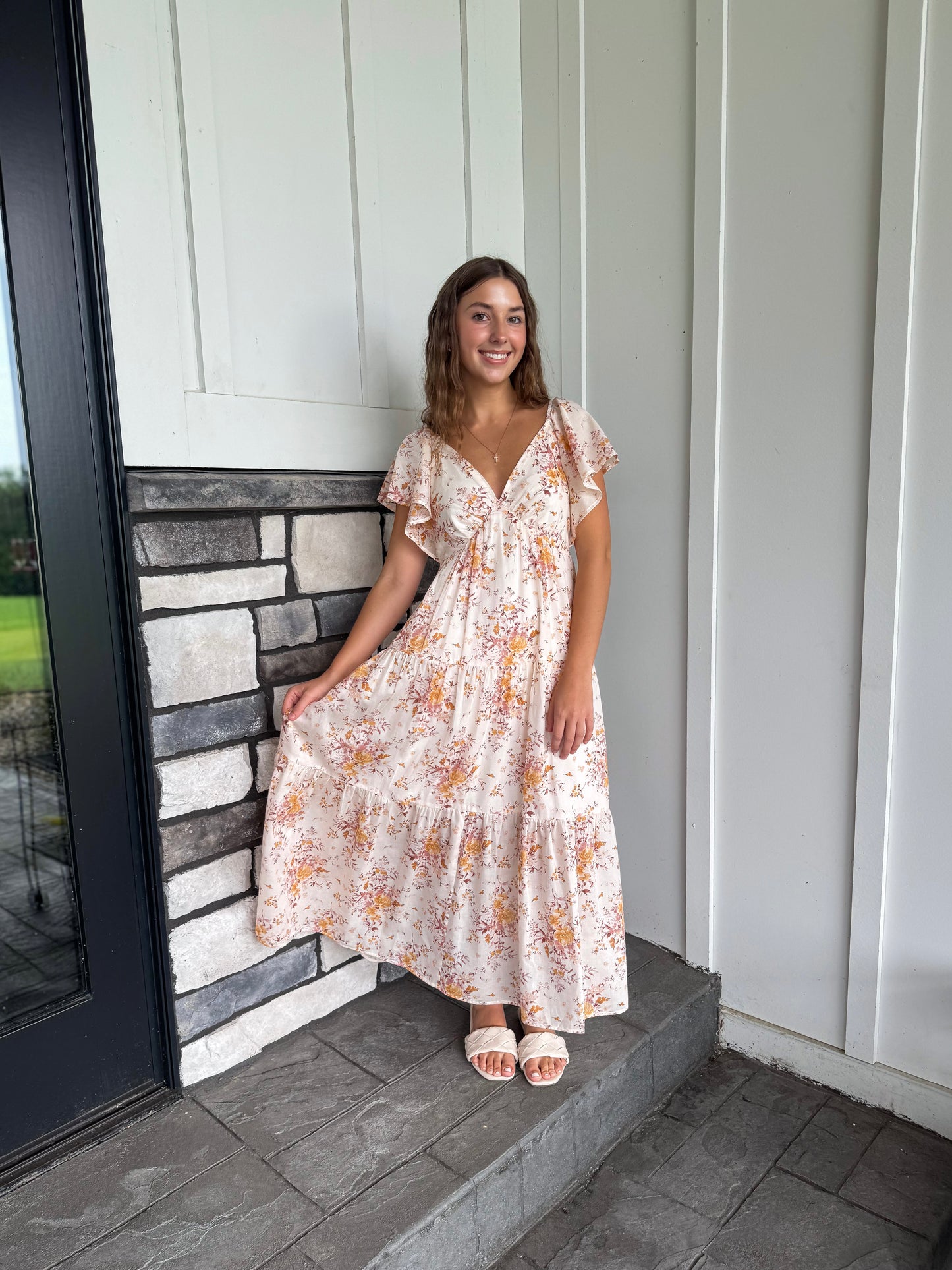 Jana Taupe Tiered Floral Print Dress W/ Ruffle Sleeves