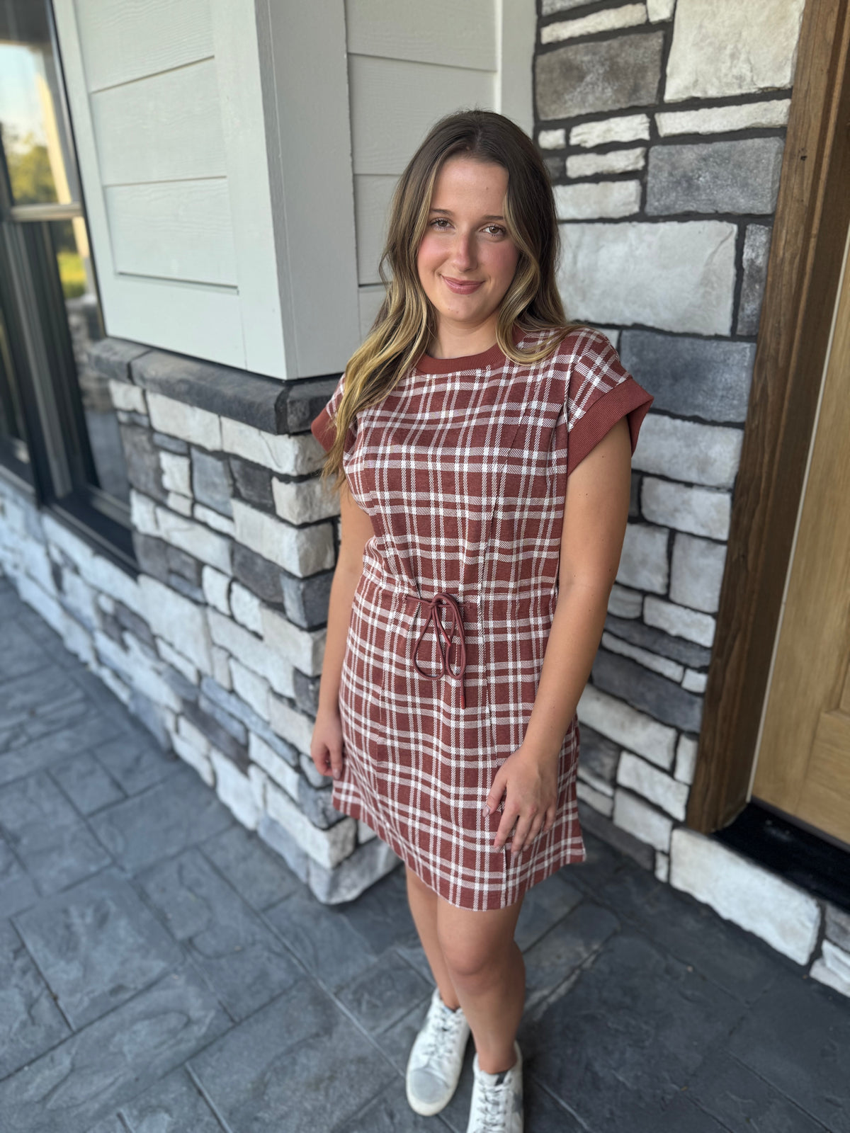 Becca Rust Soft Plaid Cap Sleeve Mini Dress