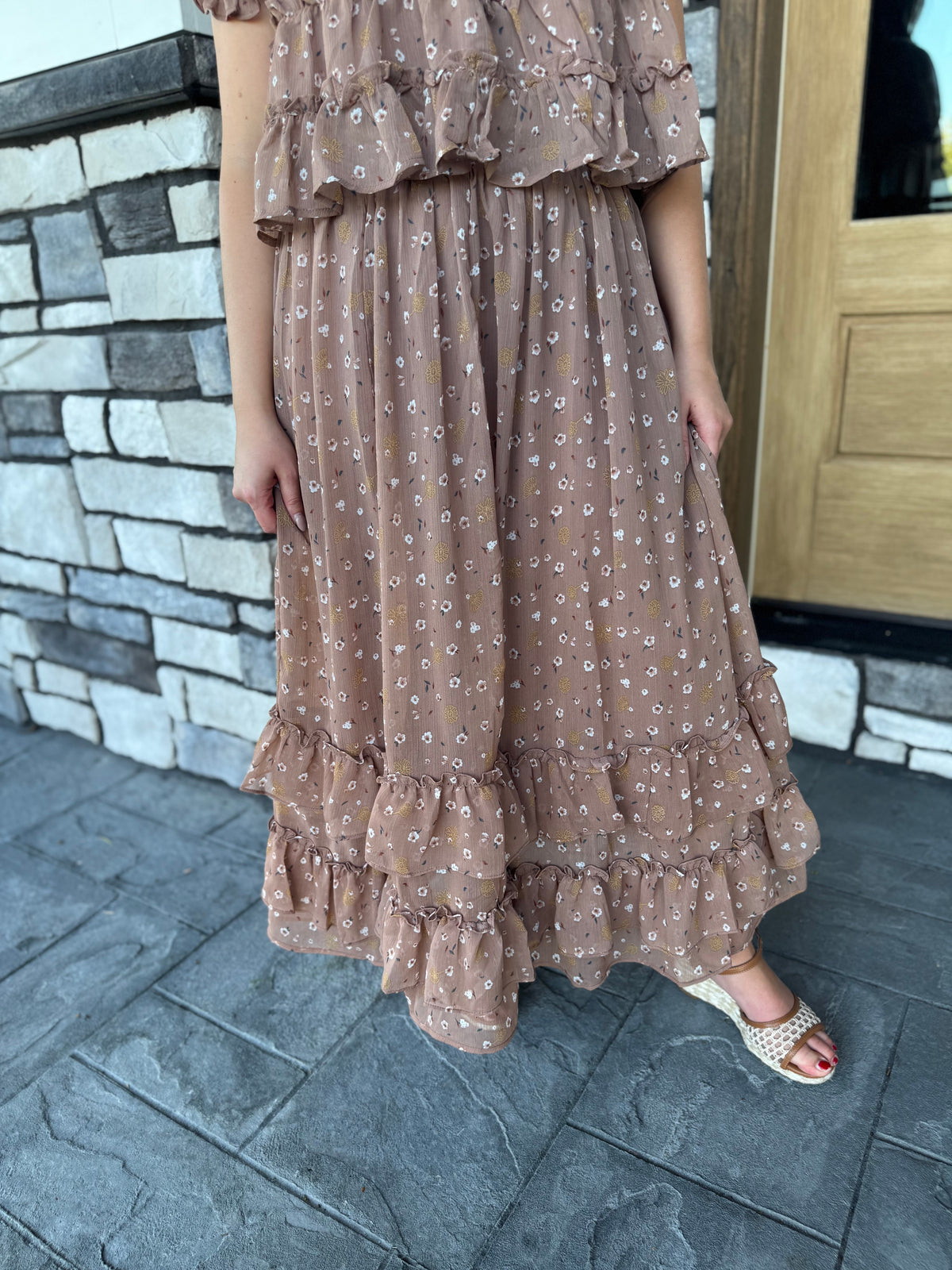 Evelyn Brown Floral Ruffled Hem Midi Skirt