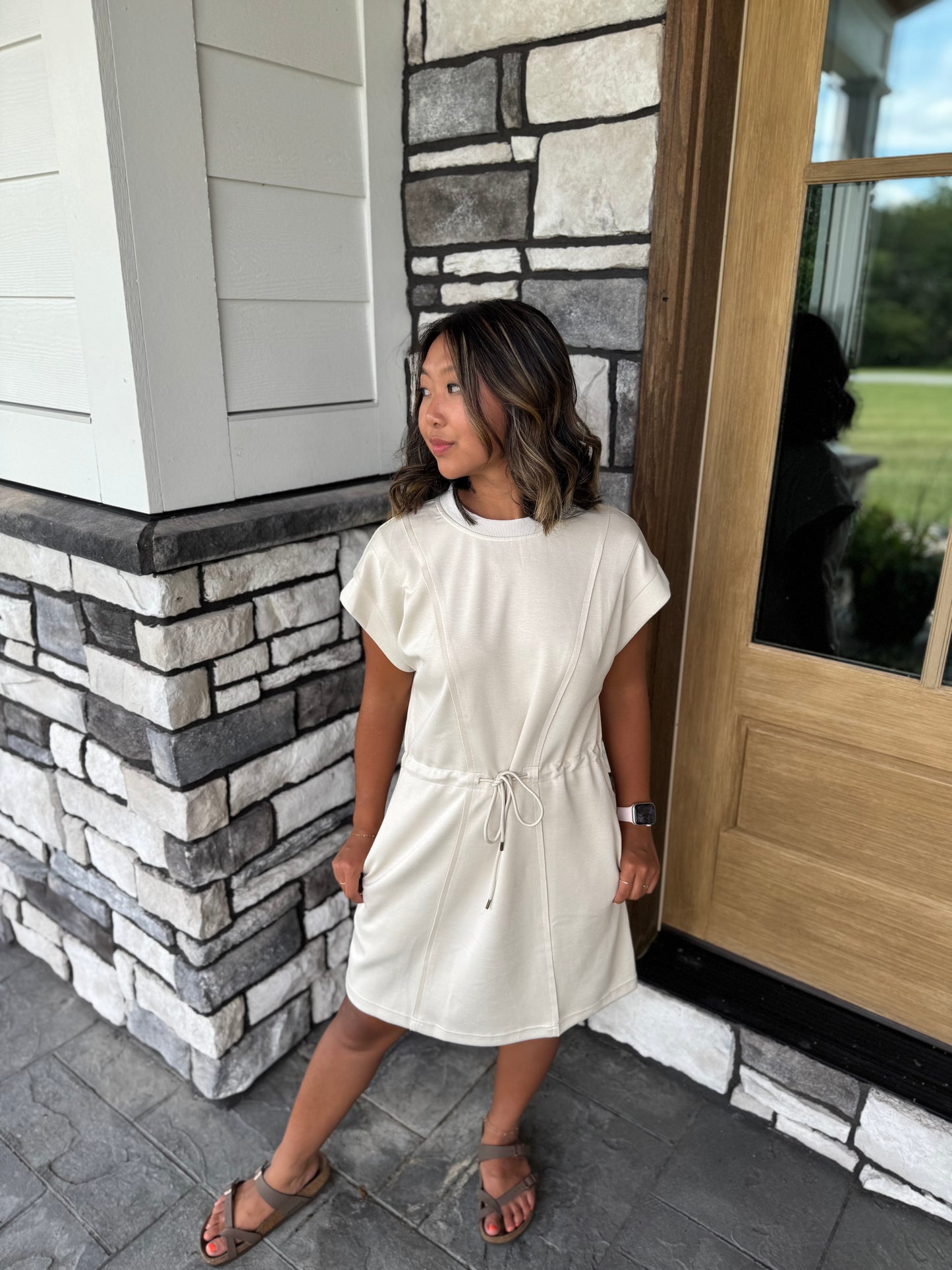 Kimberly Ecru Luxe Knit Pleated Short Sleeve Mini Dress