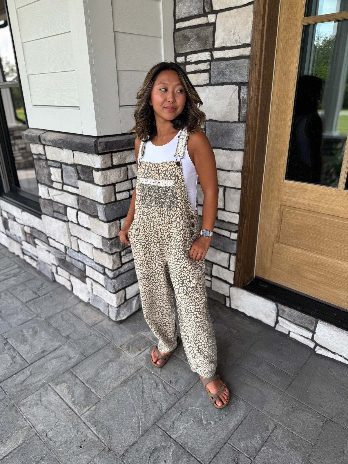 Emery Gray & Cream Leopard Print Washed Twill Overalls