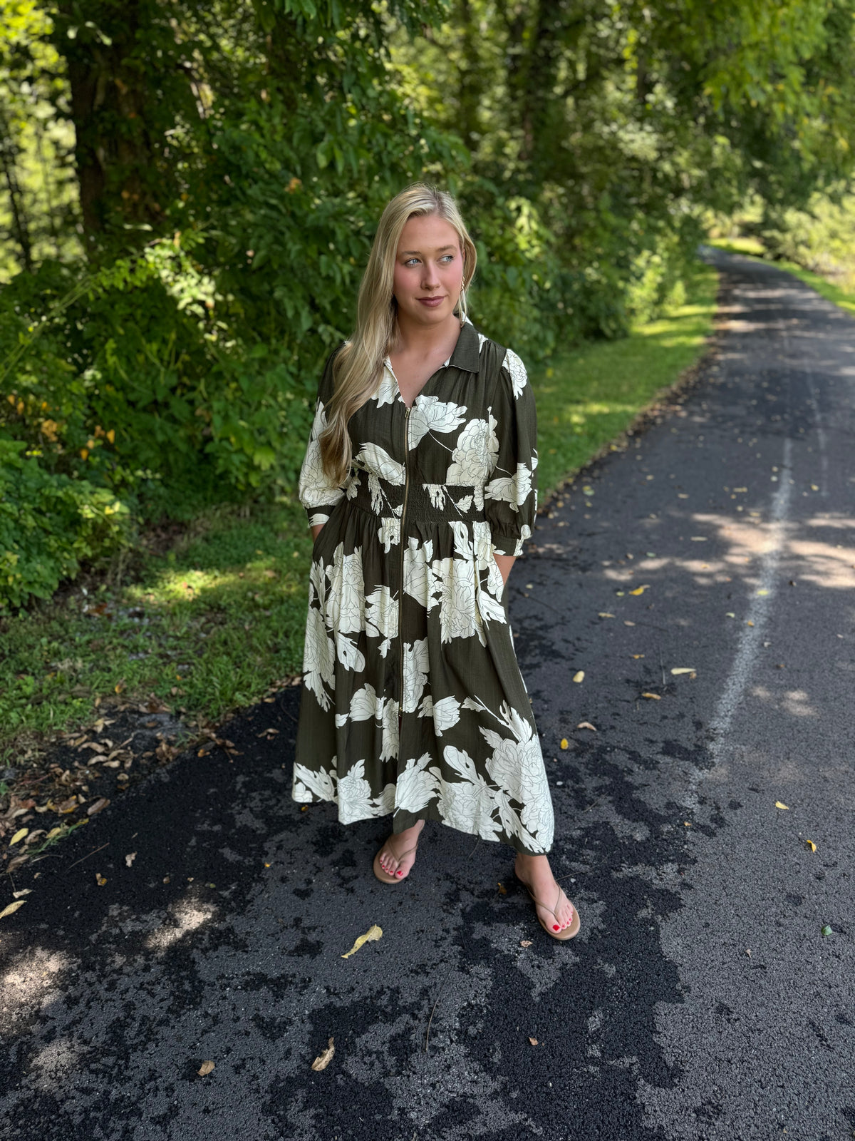 Marsha Olive & Ivory Floral Collared Puff Sleeve Midi Dress