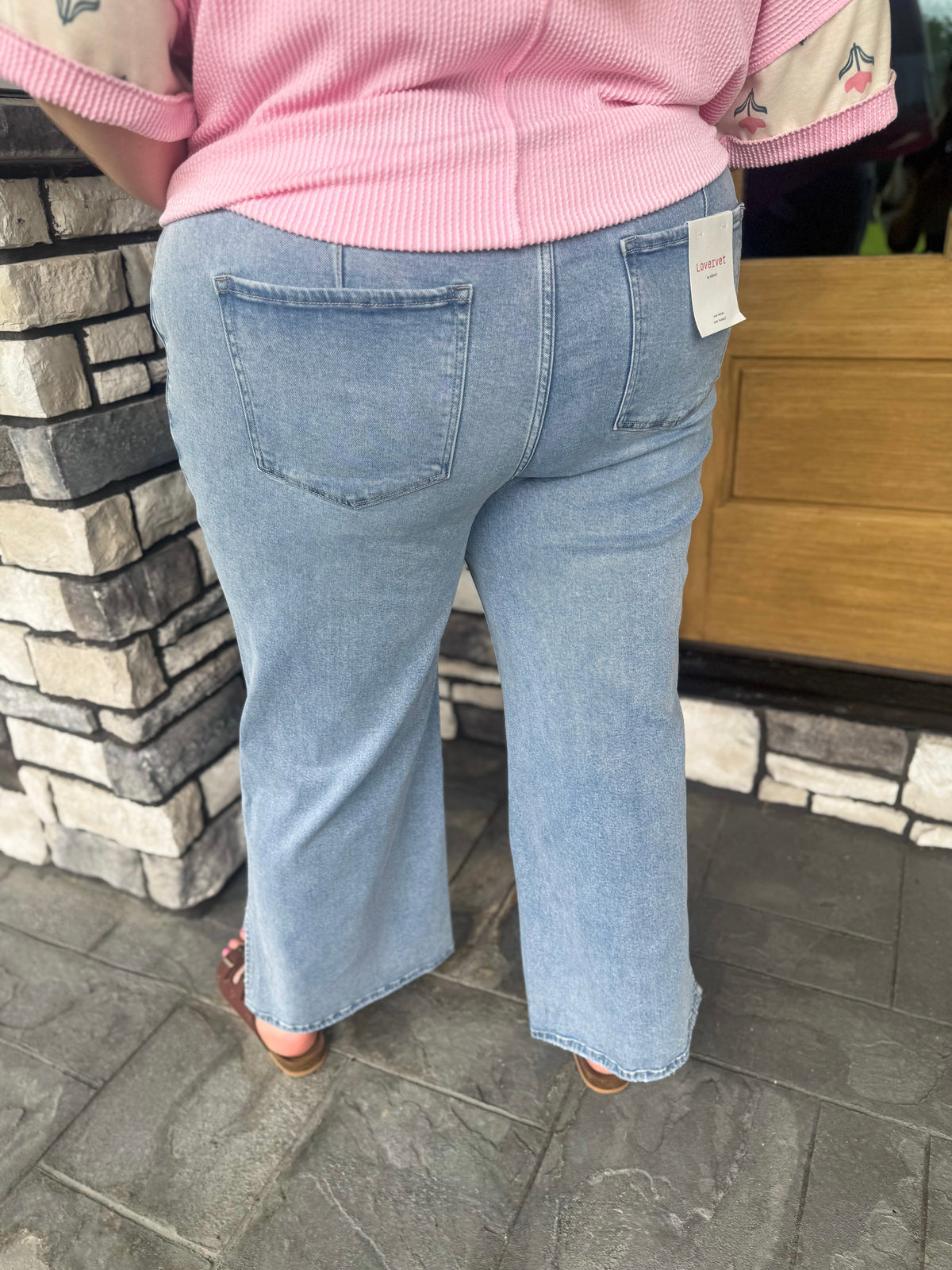 Plus Size High Rise Drawstring Waistband Slit Wide Leg Jeans