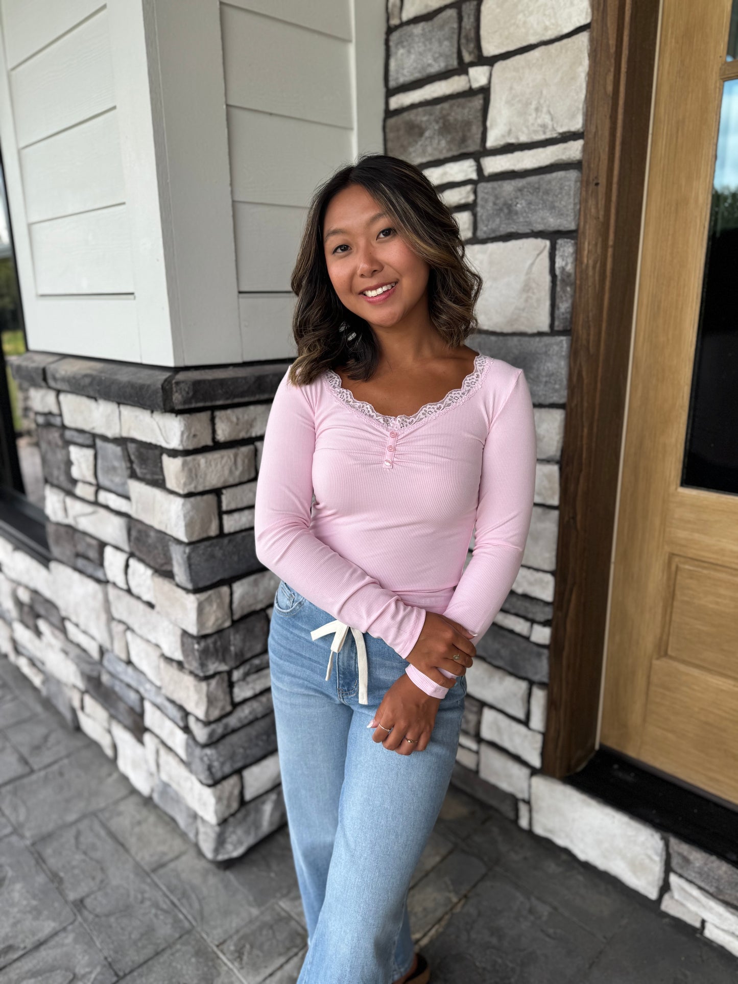 Ally Pink Lace Trim Long Sleeve Ribbed Top