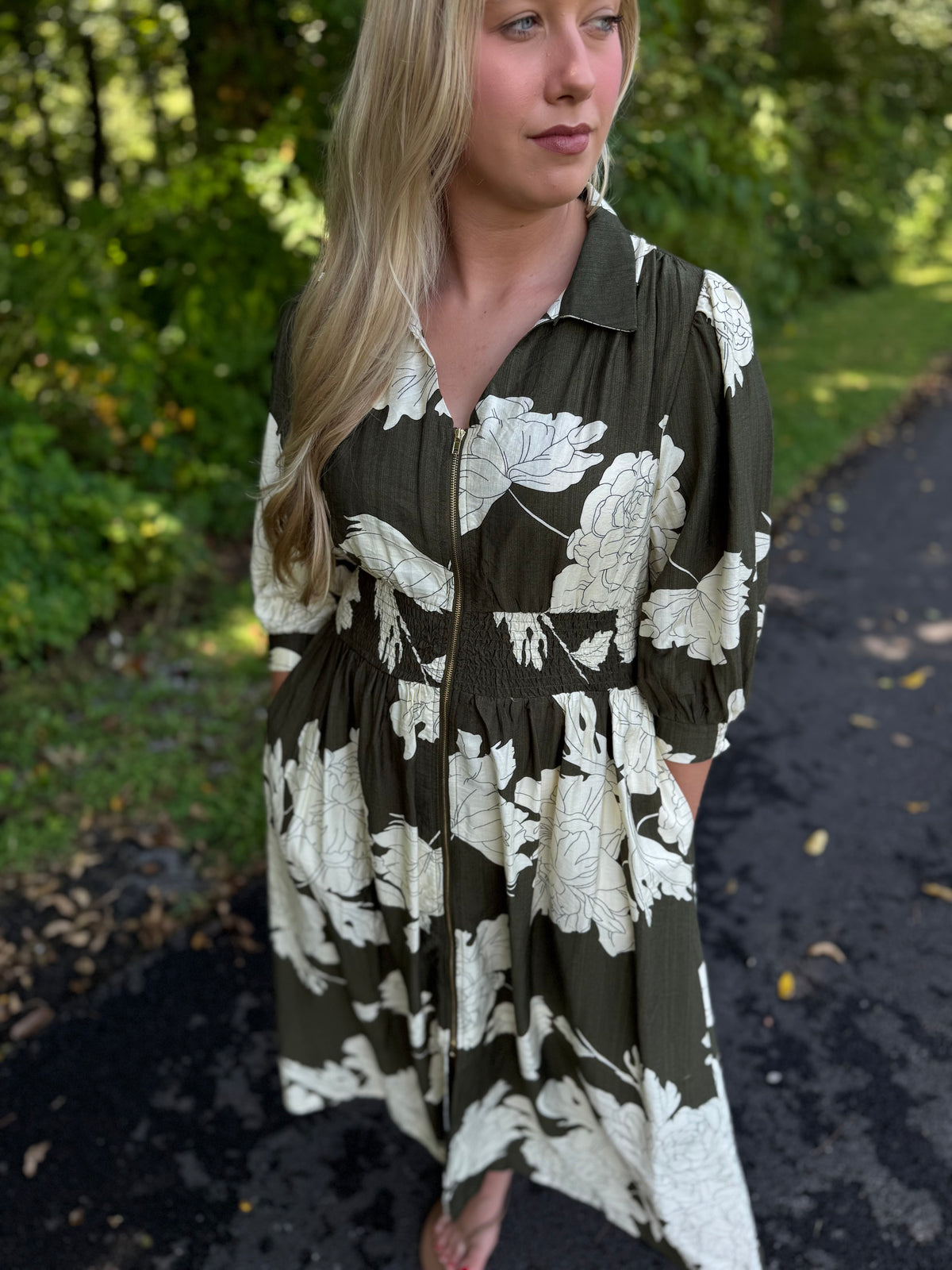 Marsha Olive & Ivory Floral Collared Puff Sleeve Midi Dress