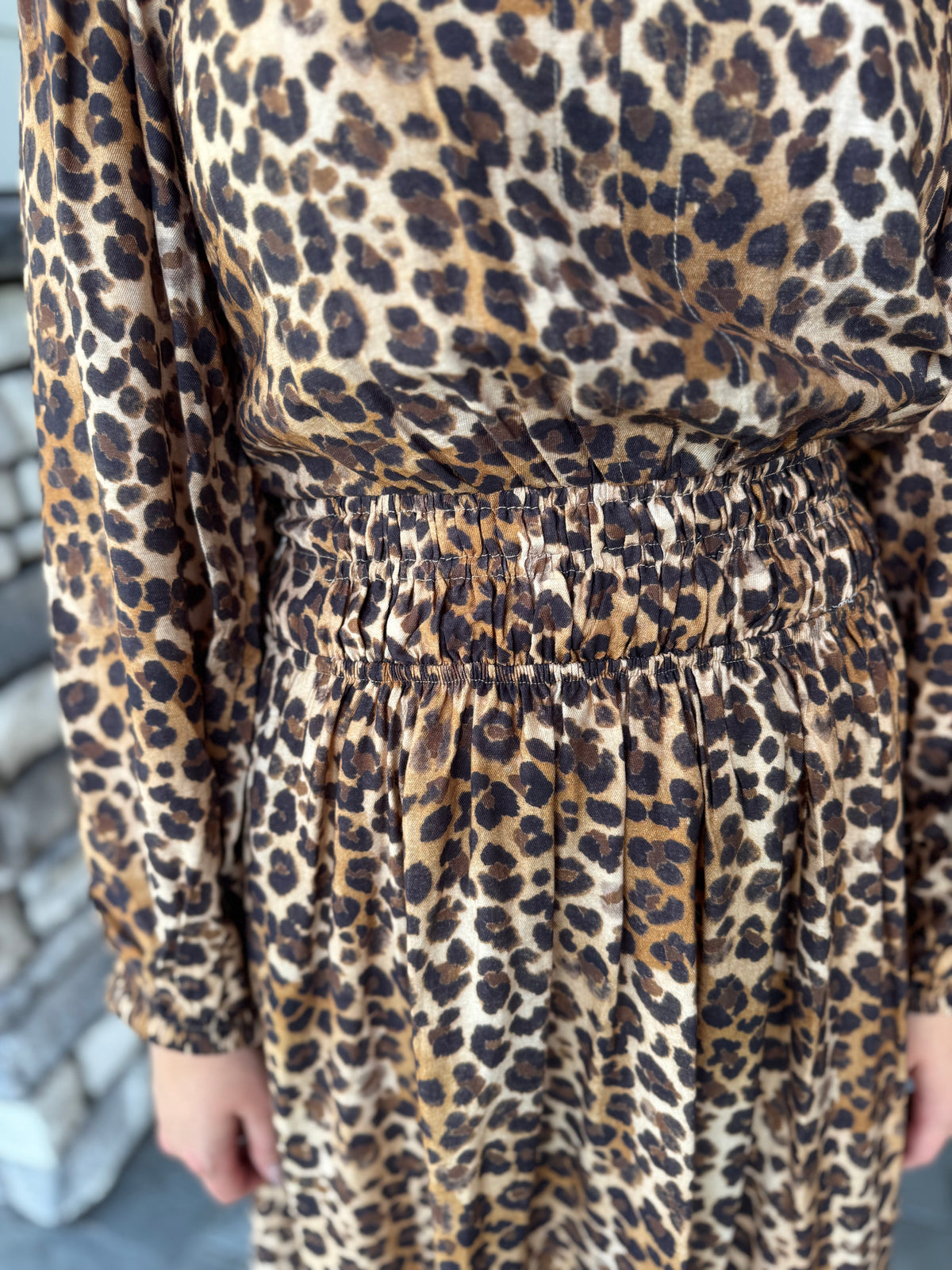 Dana Leopard Print Smocked Waist Tiered Midi Dress