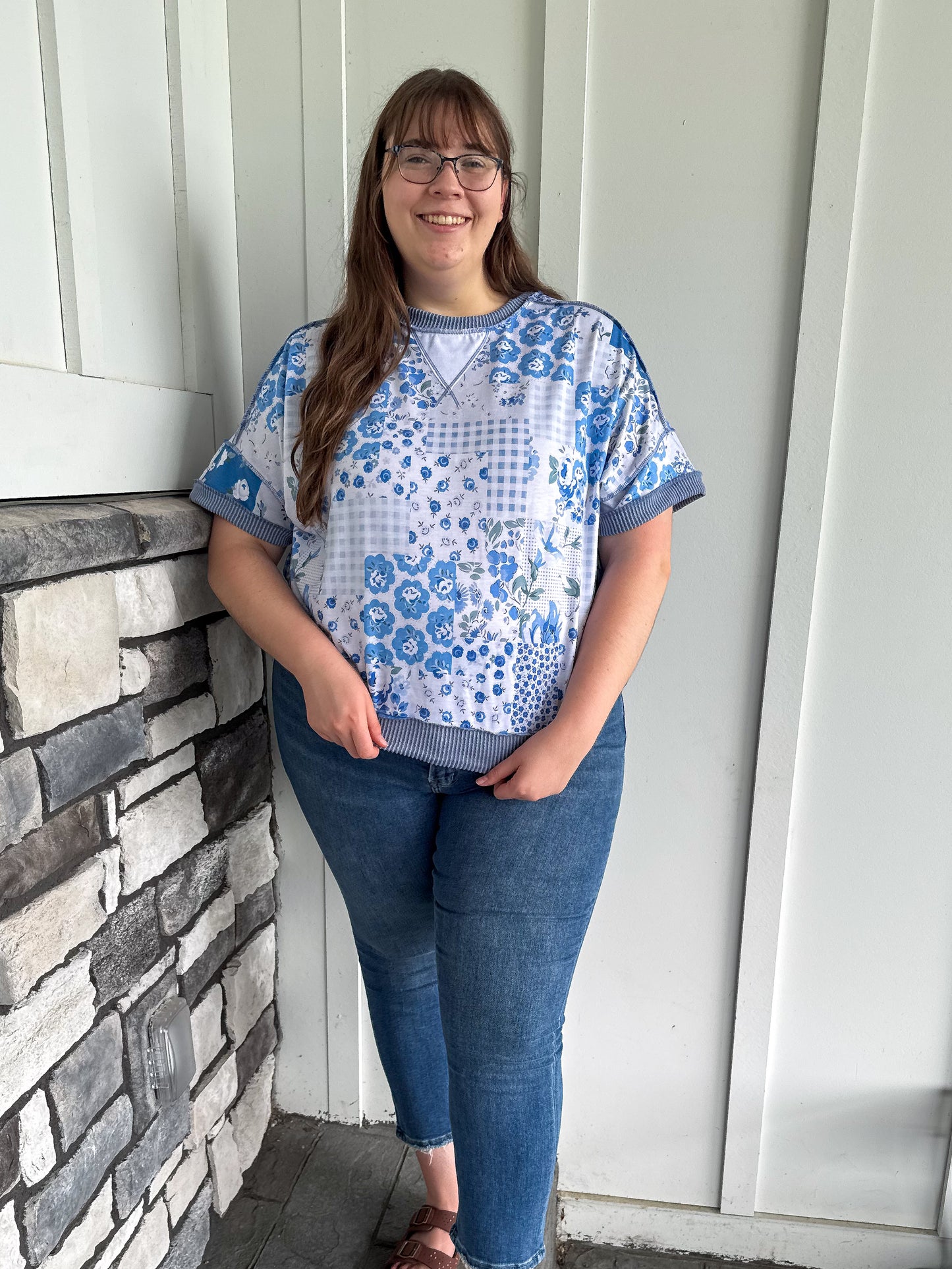Krista Blue Floral Patchwork Print Top