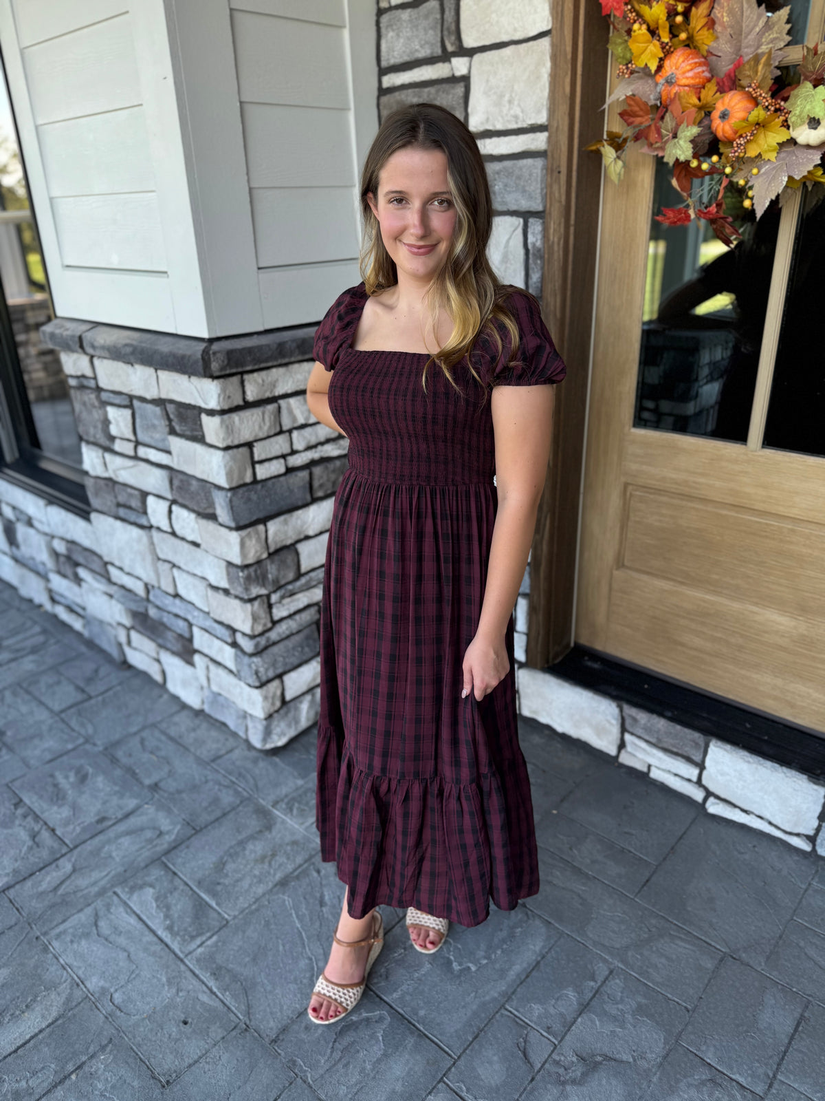 Noelle Burgundy Plaid Smocked Midi Dress