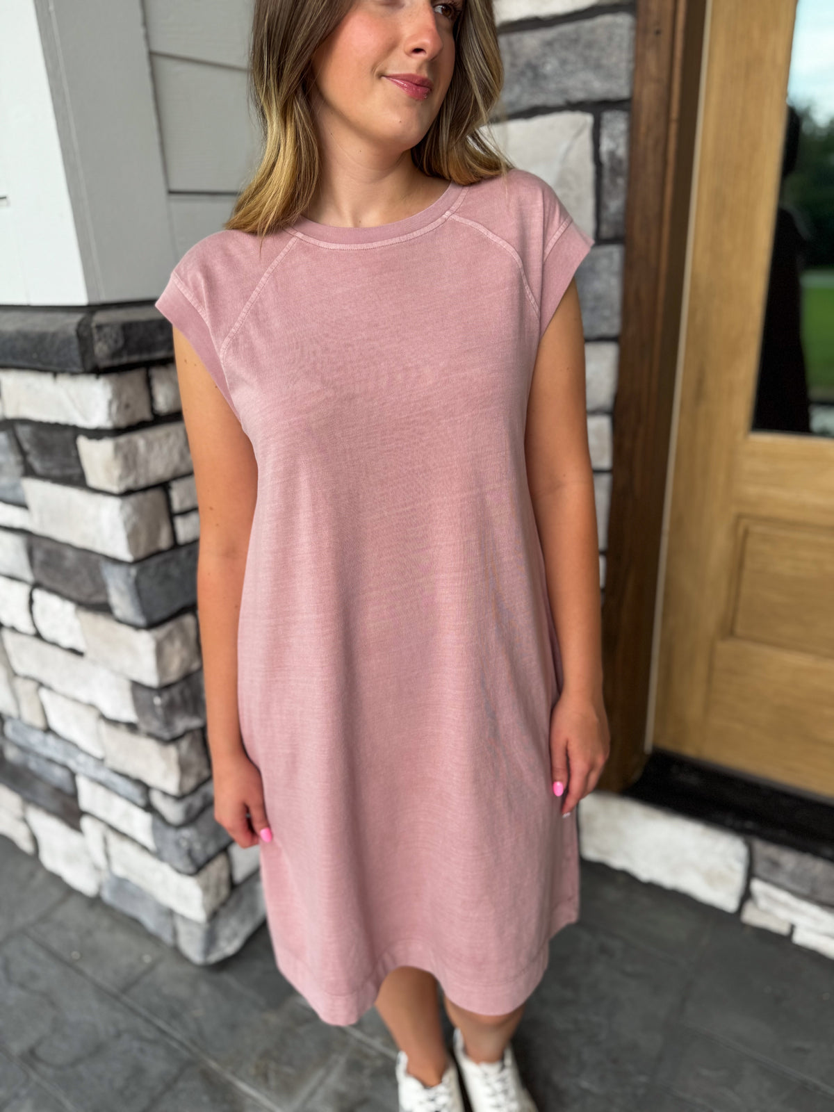 Katie Dusty Pink Garment Washed Casual Capped Sleeve Jersey Dress