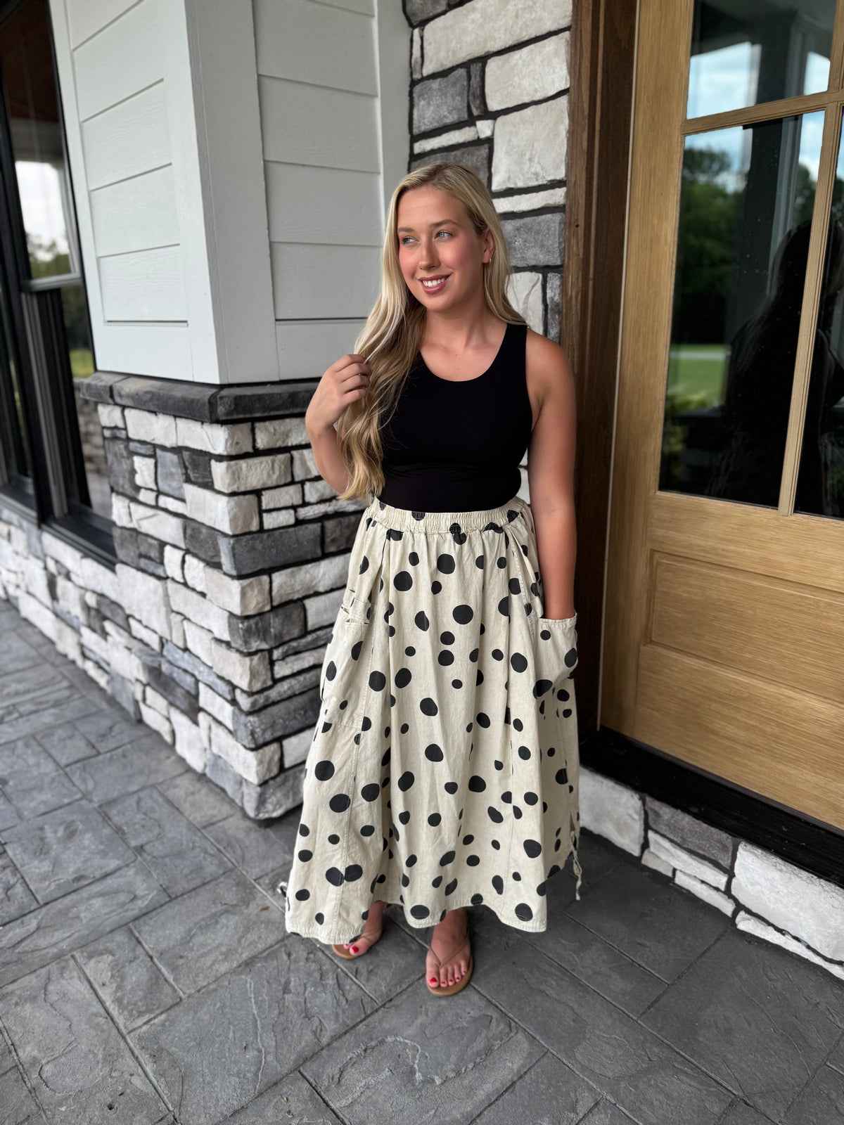 Astrid Khaki & Black Polka Dot Woven Cinch Hem Midi Skirt