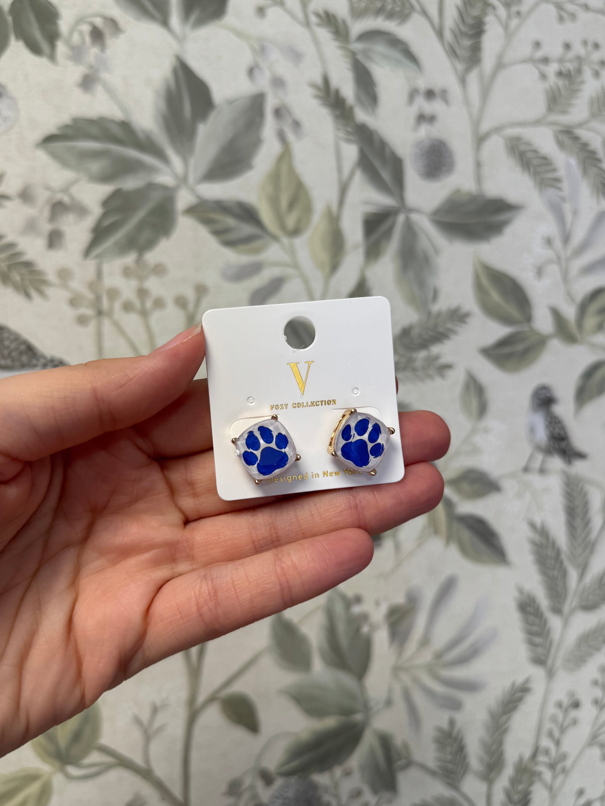 Blue & White Paw Print Gold Stud Earrings