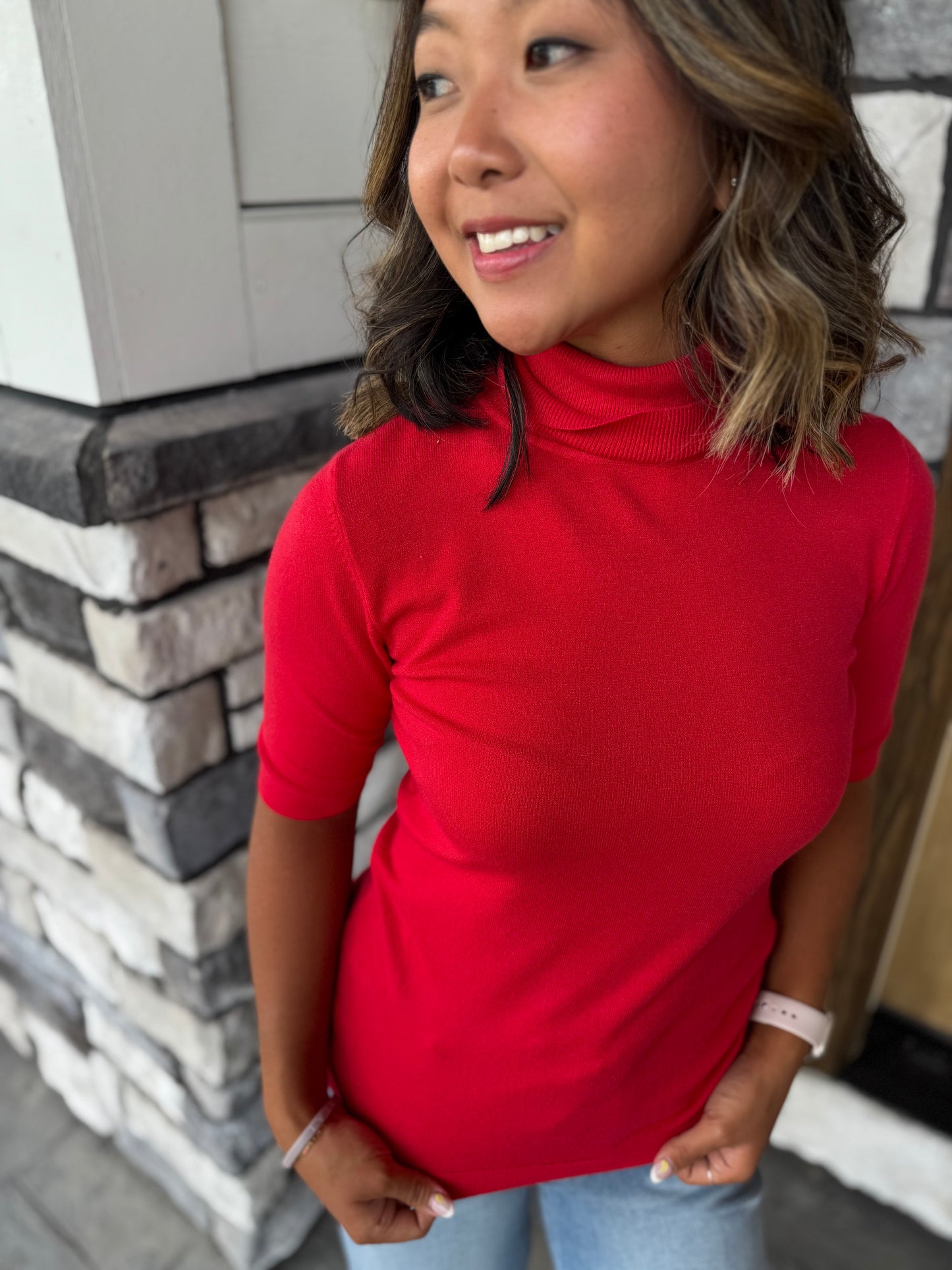 Marietta Red Half Sleeve Turtleneck Sweater Top