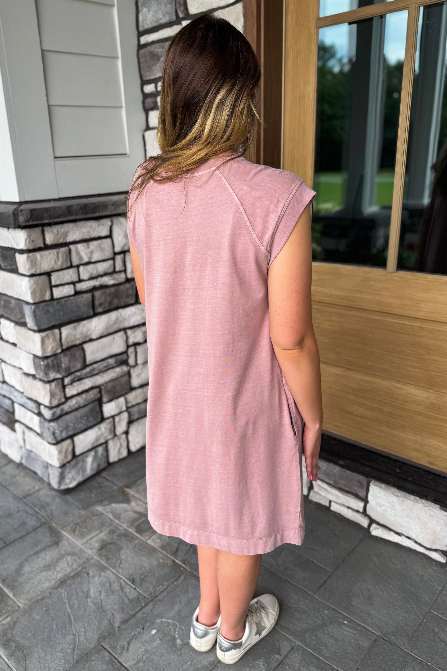 Katie Dusty Pink Garment Washed Casual Capped Sleeve Jersey Dress