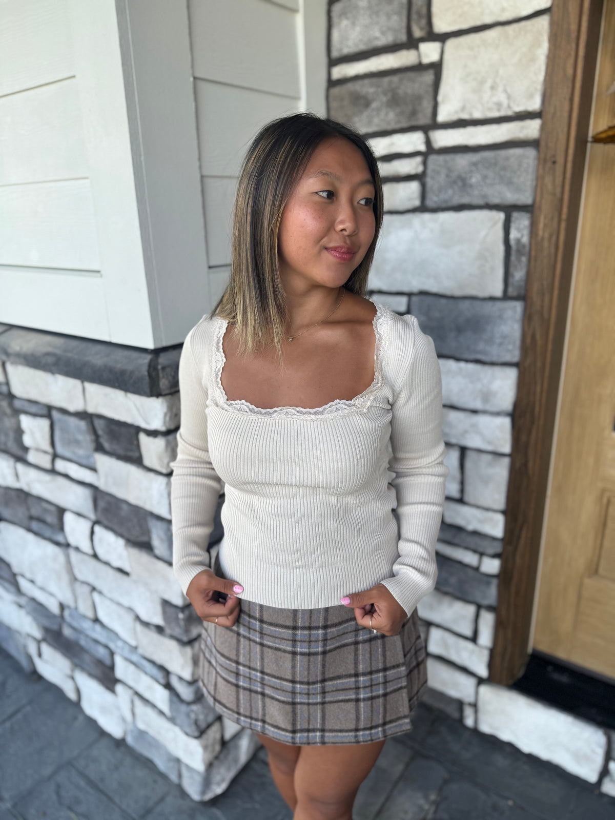 Marie Khaki Square Neck Lace Trim Ribbed Sweater Top