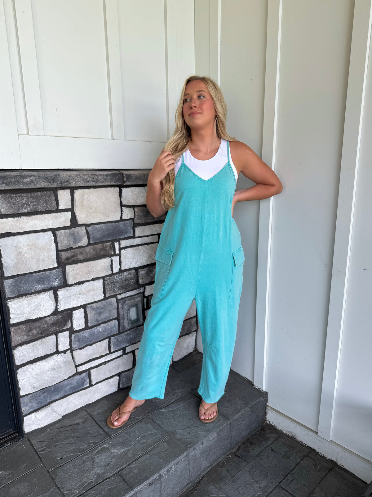 Sadie Aqua Washed French Terry Sleeveless Jumpsuit