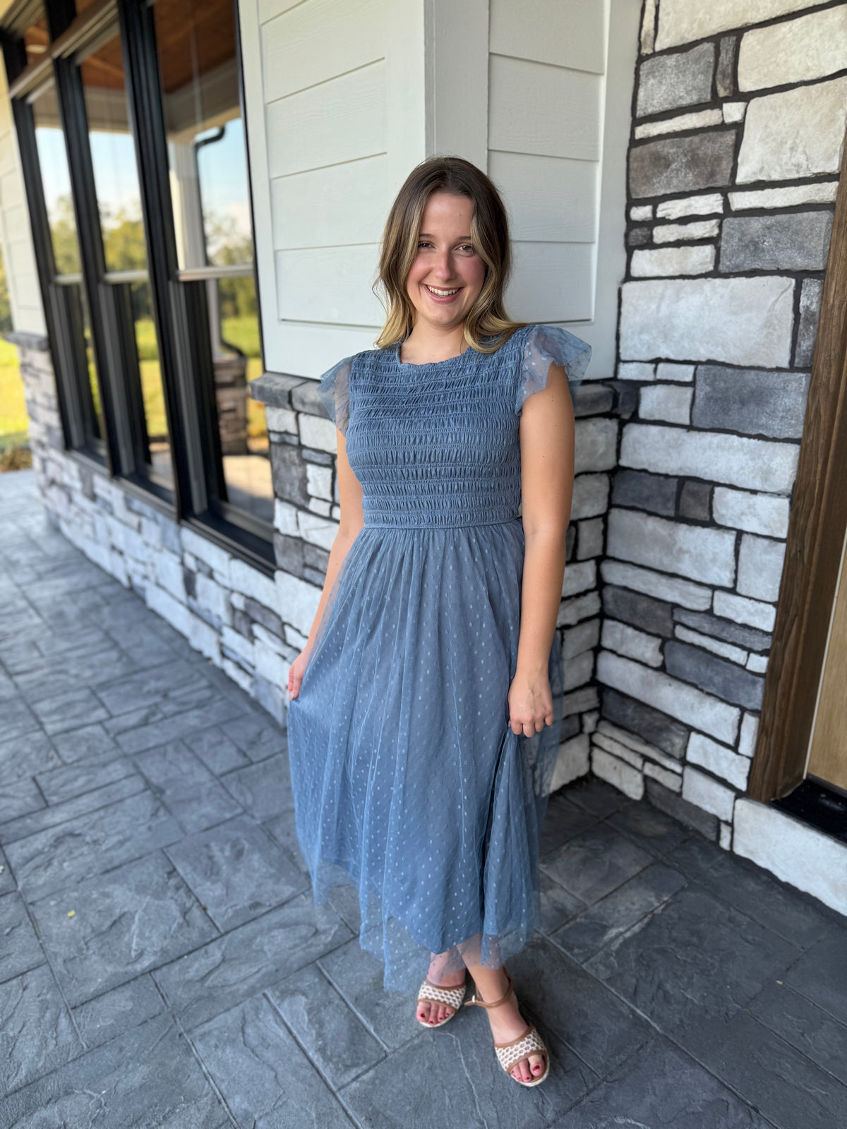 Presley Dusty Blue Polka Dot Chiffon Smocked Midi Dress