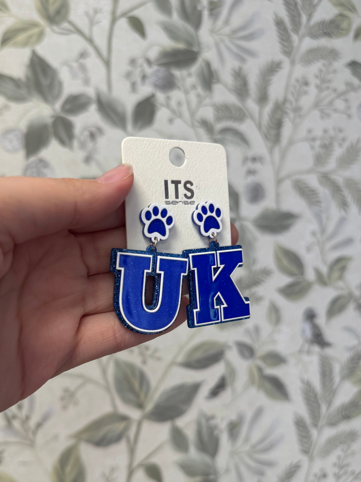 Blue & White Sparkly "UK" Paw Accent Dangle Earrings
