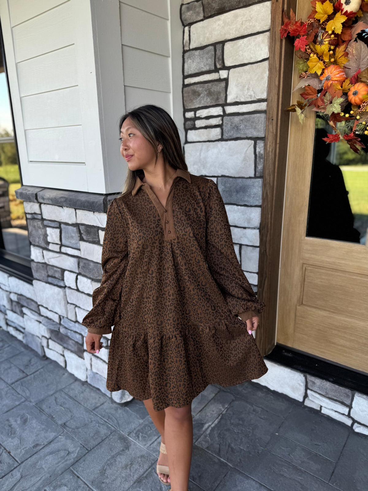 Phoebe Cheetah Print Jacquard Collared Tiered Dress