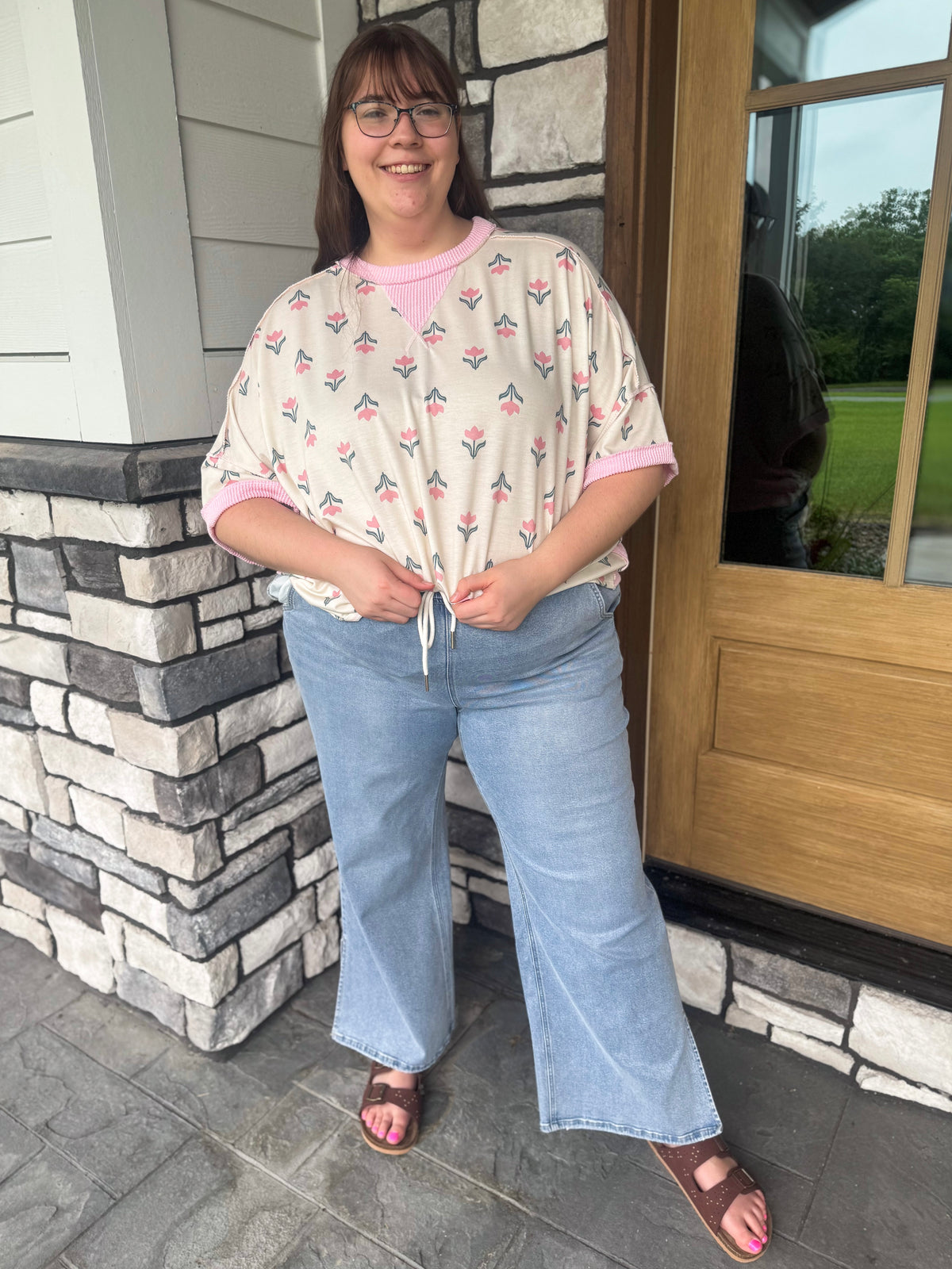 Plus Size High Rise Drawstring Waistband Slit Wide Leg Jeans