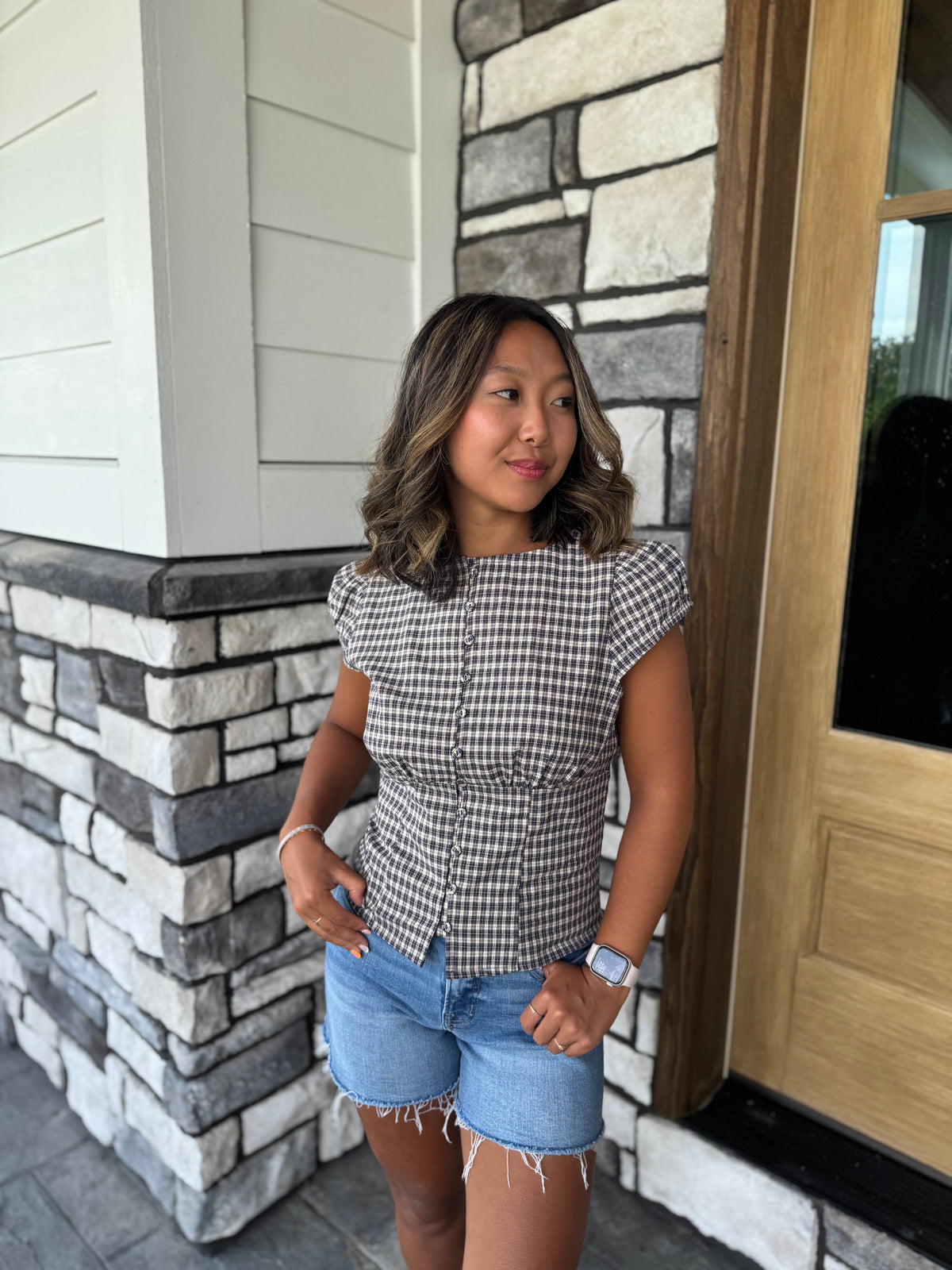 Chloe Navy Plaid Button Up Puff Sleeve Top
