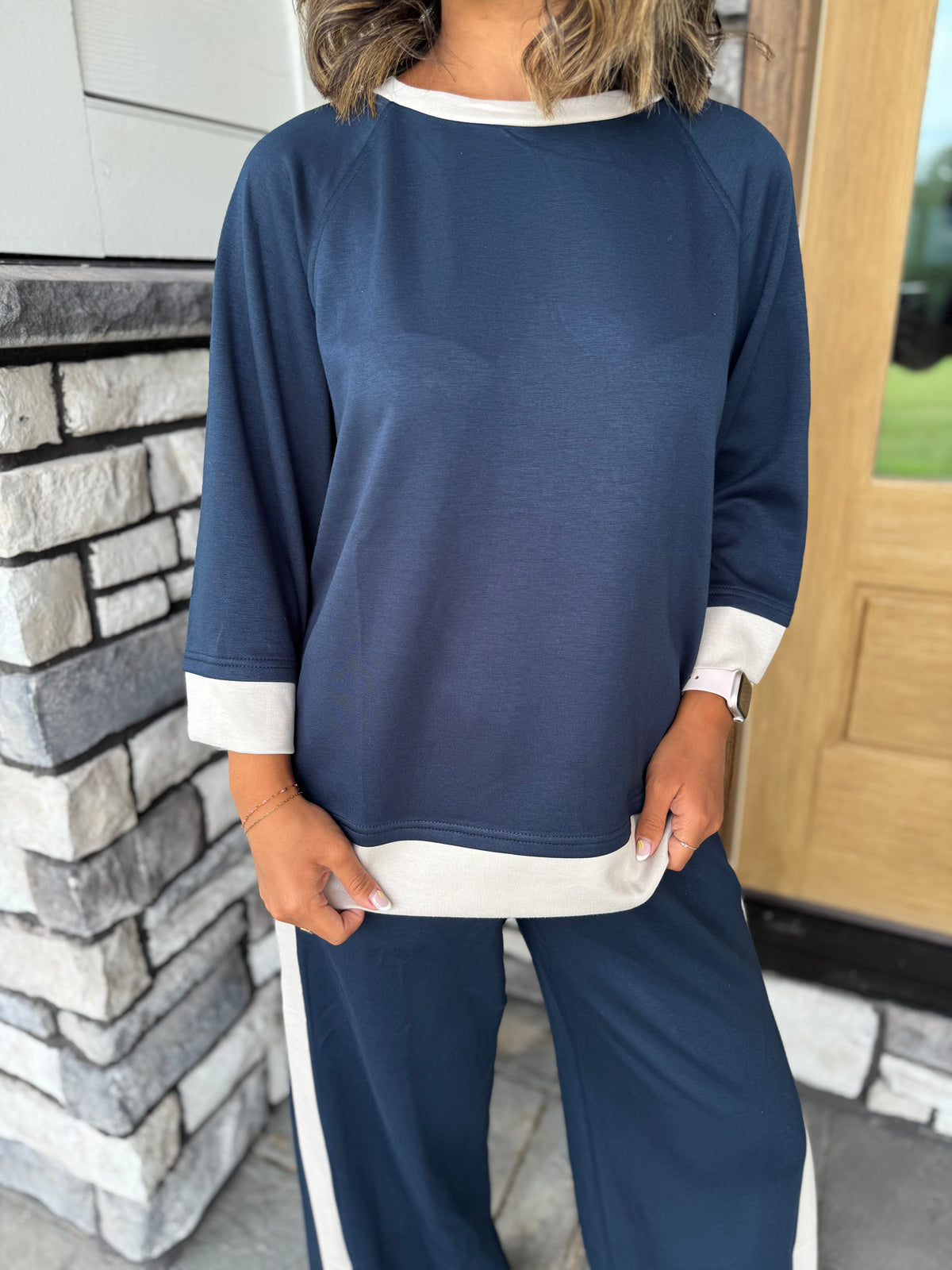 Angela Navy & Ecru Luxe Knit Matching Set W/ Stripe Details