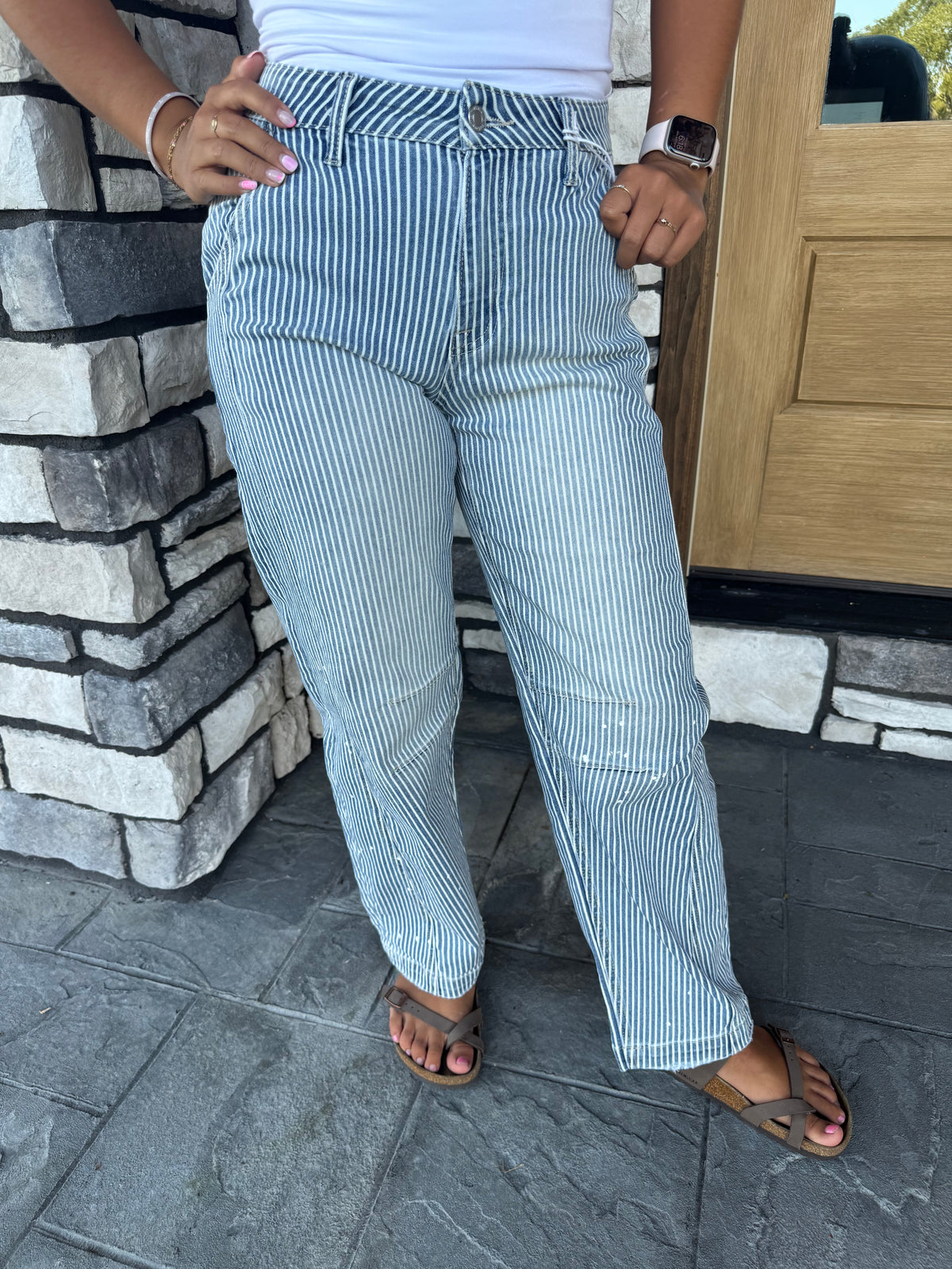 High Rise Pinstriped Barrel Jeans W/ Paint Splatter Details