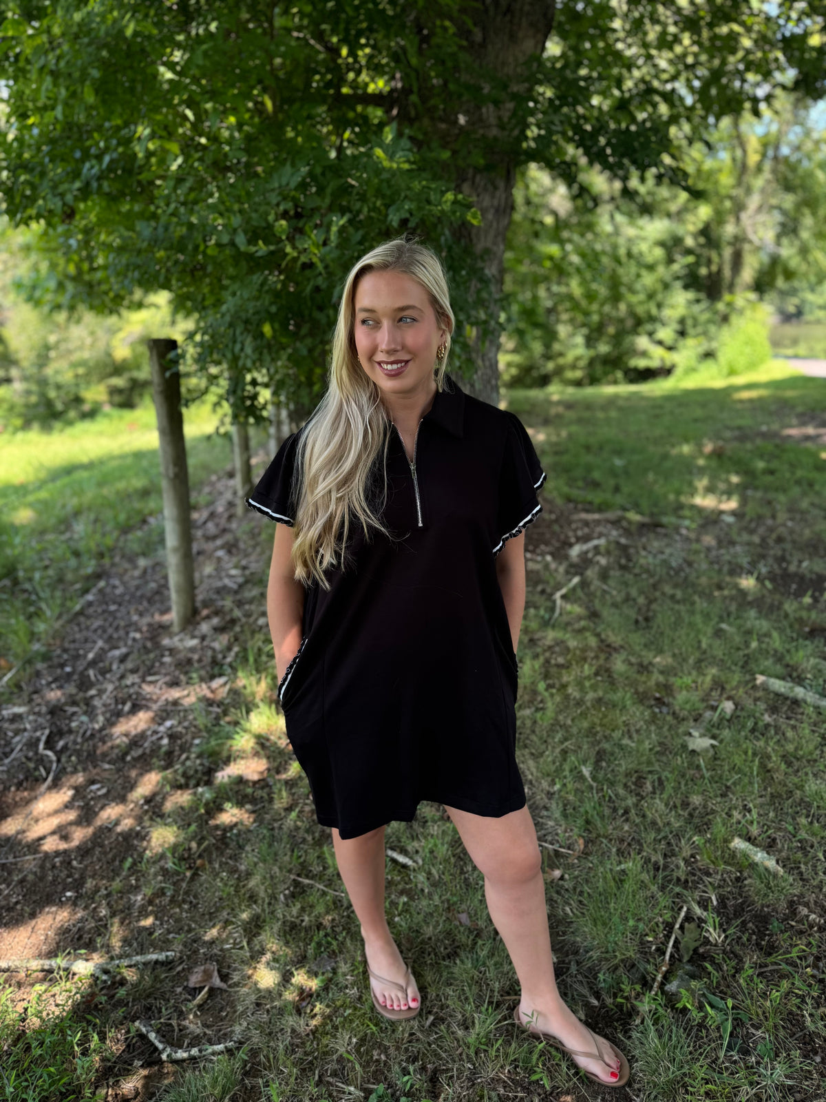 Vanessa Black Half Zip Scalloped Short Sleeve Knit Dress
