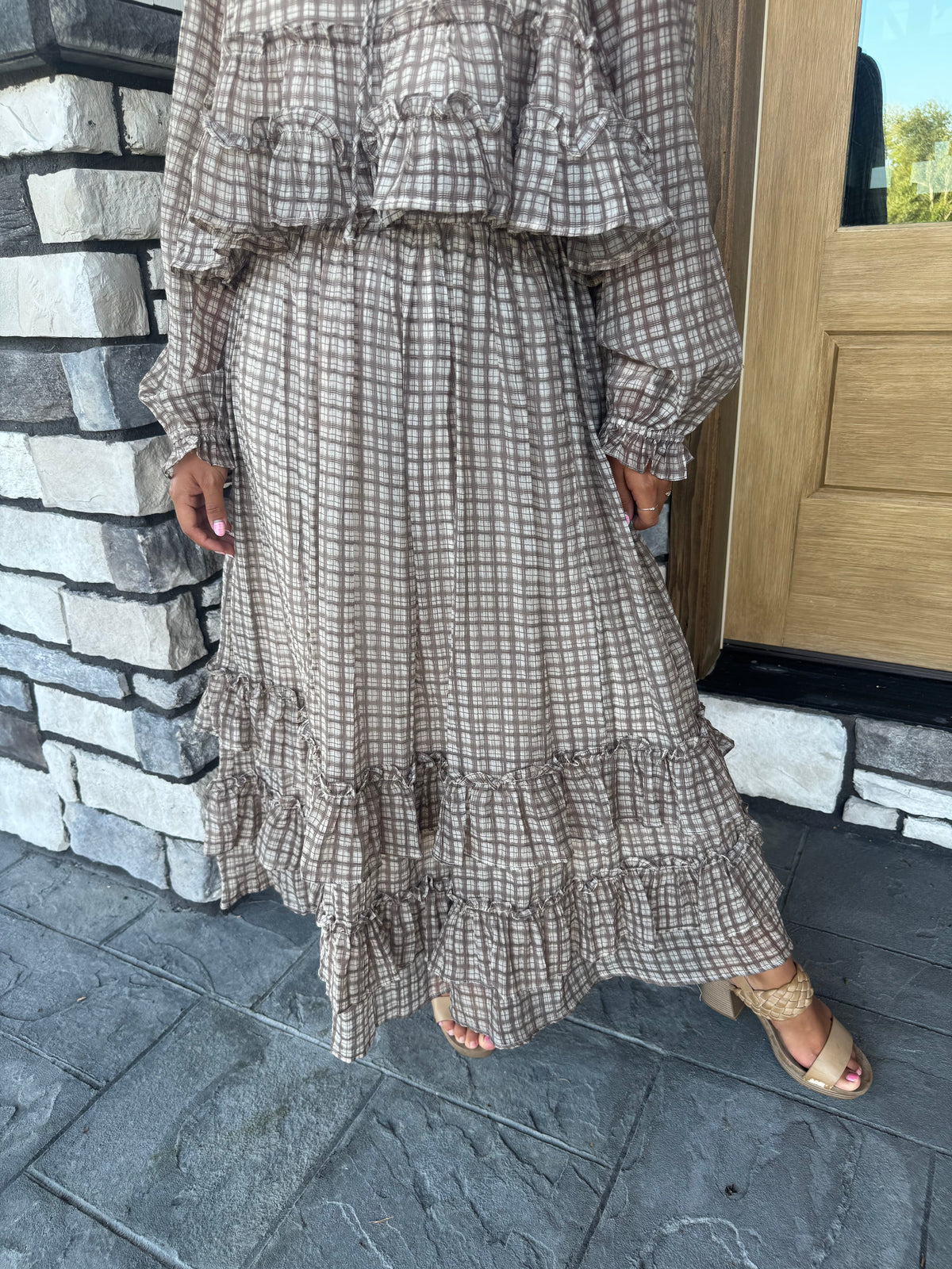 Lana Brown Plaid Ruffled Hem Midi Skirt