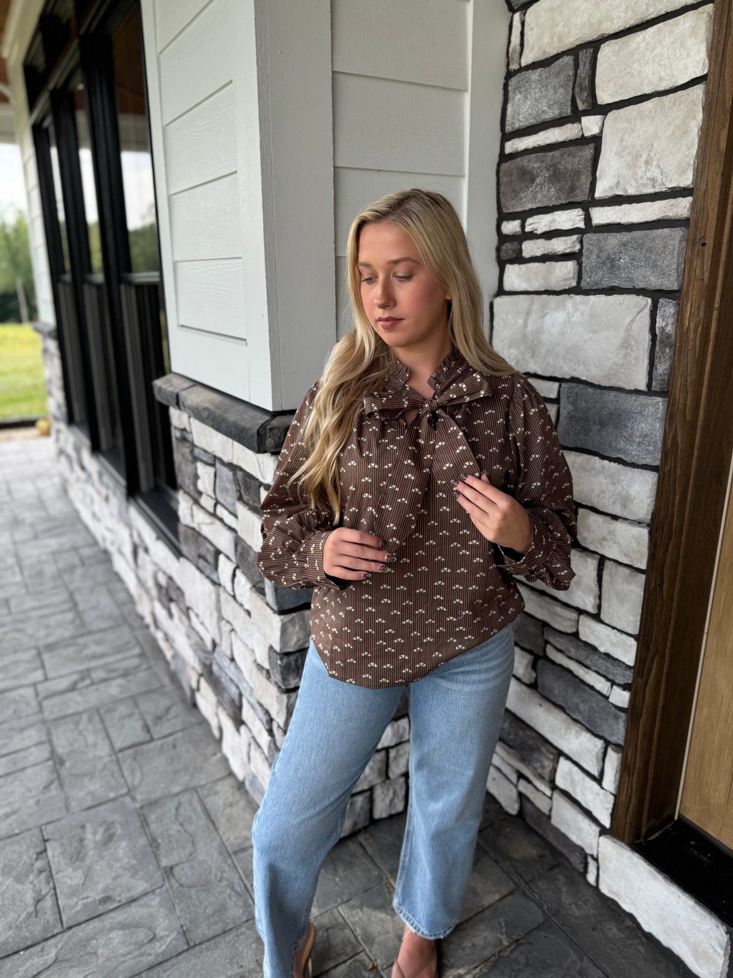 Fran Brown Floral Blouse W/ Bow Tie Detail