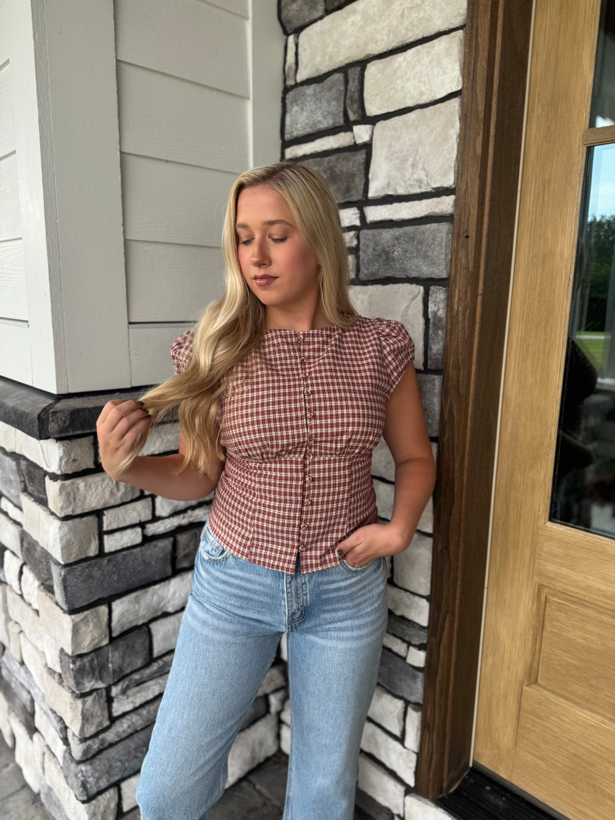 Chloe Burgundy Plaid Button Up Puff Sleeve Top