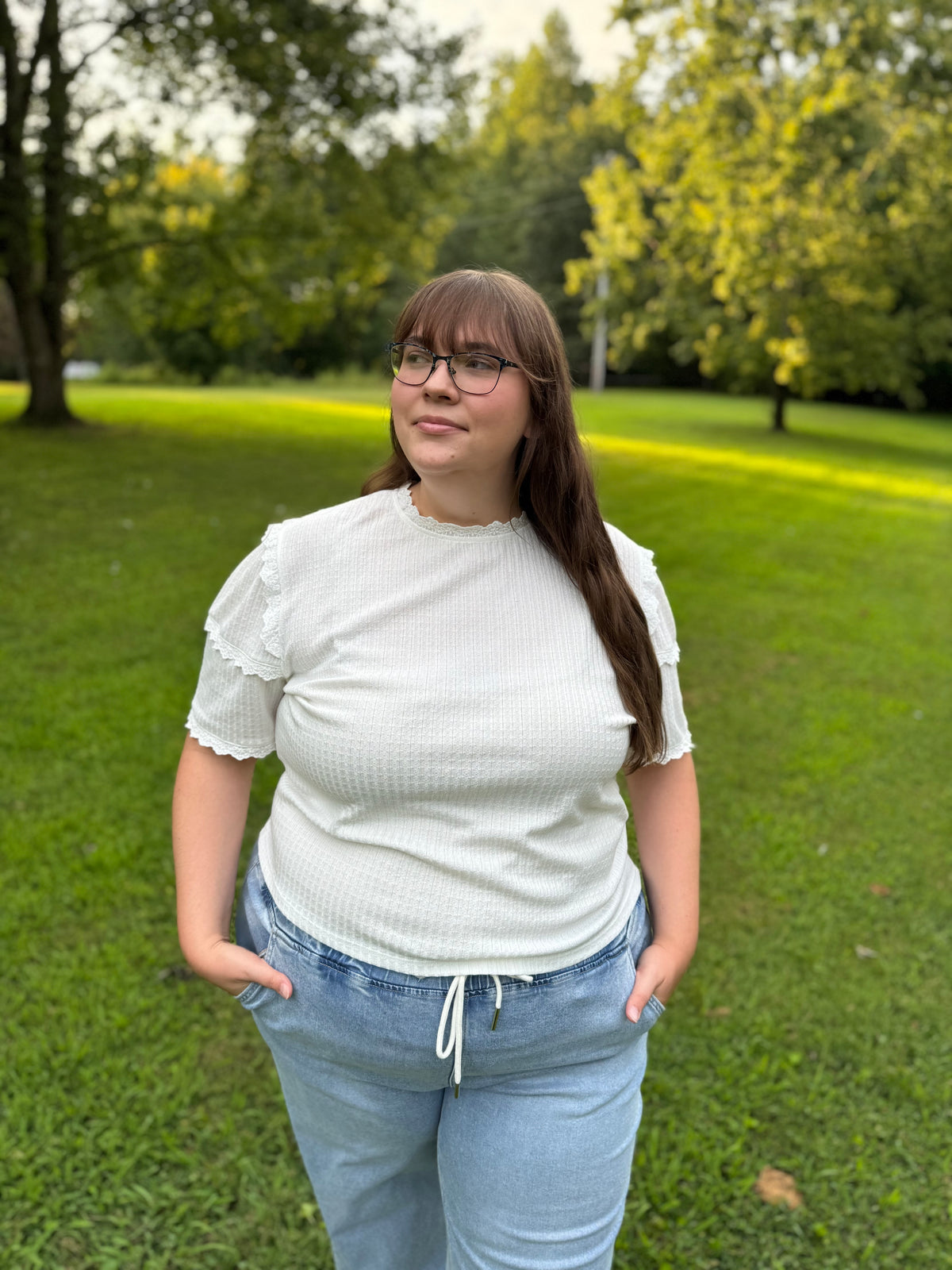 Julie Plus Size White Waffle Knit Top W/ Lace Details