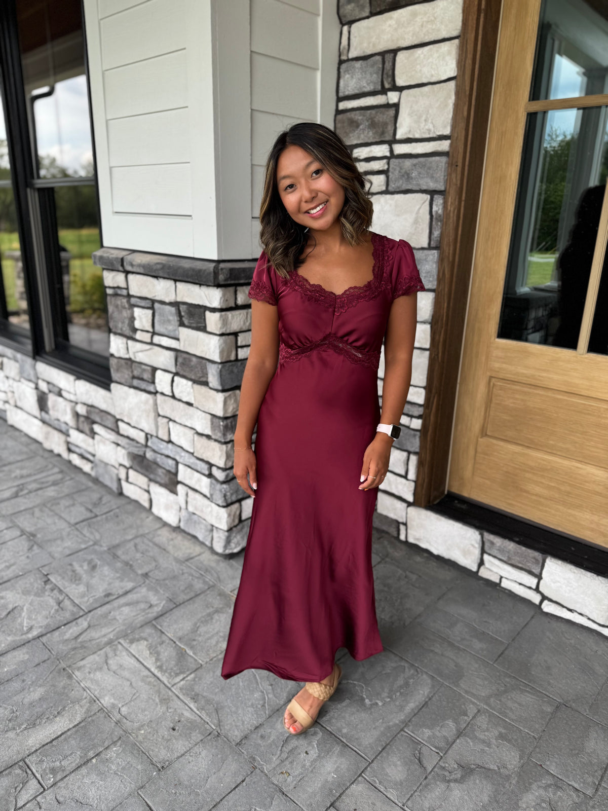 Ramona Burgundy Satin Lace Trim Detail Midi Dress