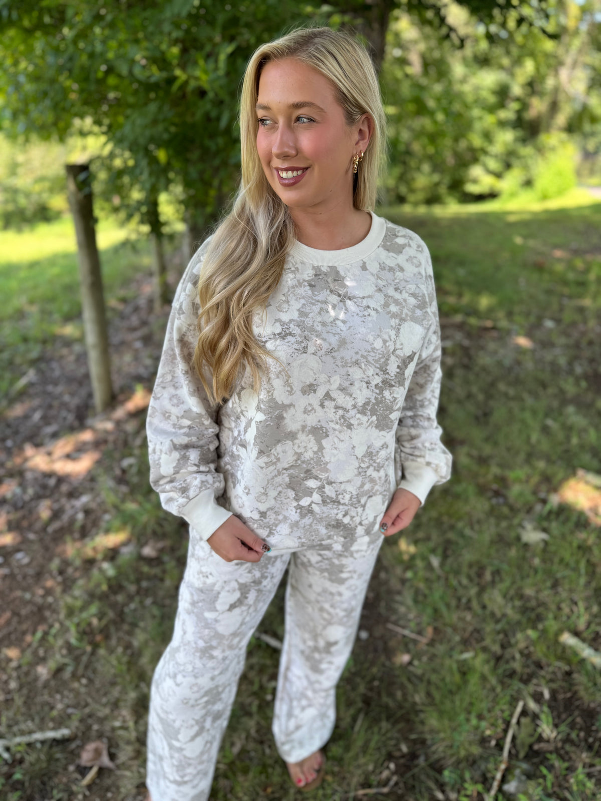Brianna Light Gray Floral Matching Sweat Set