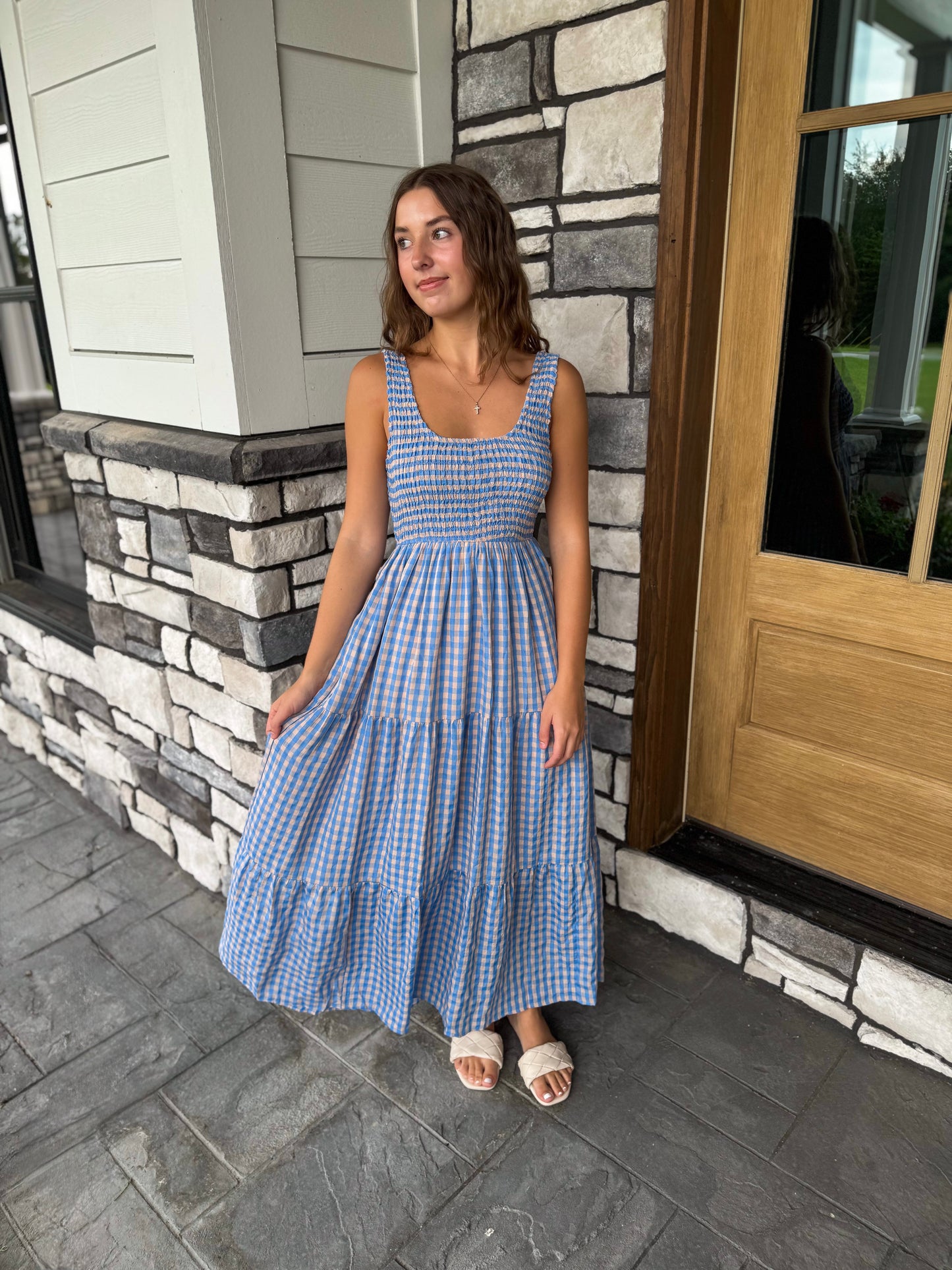 Melanie Blue & Peach Smocked Bodice Gingham Maxi Dress