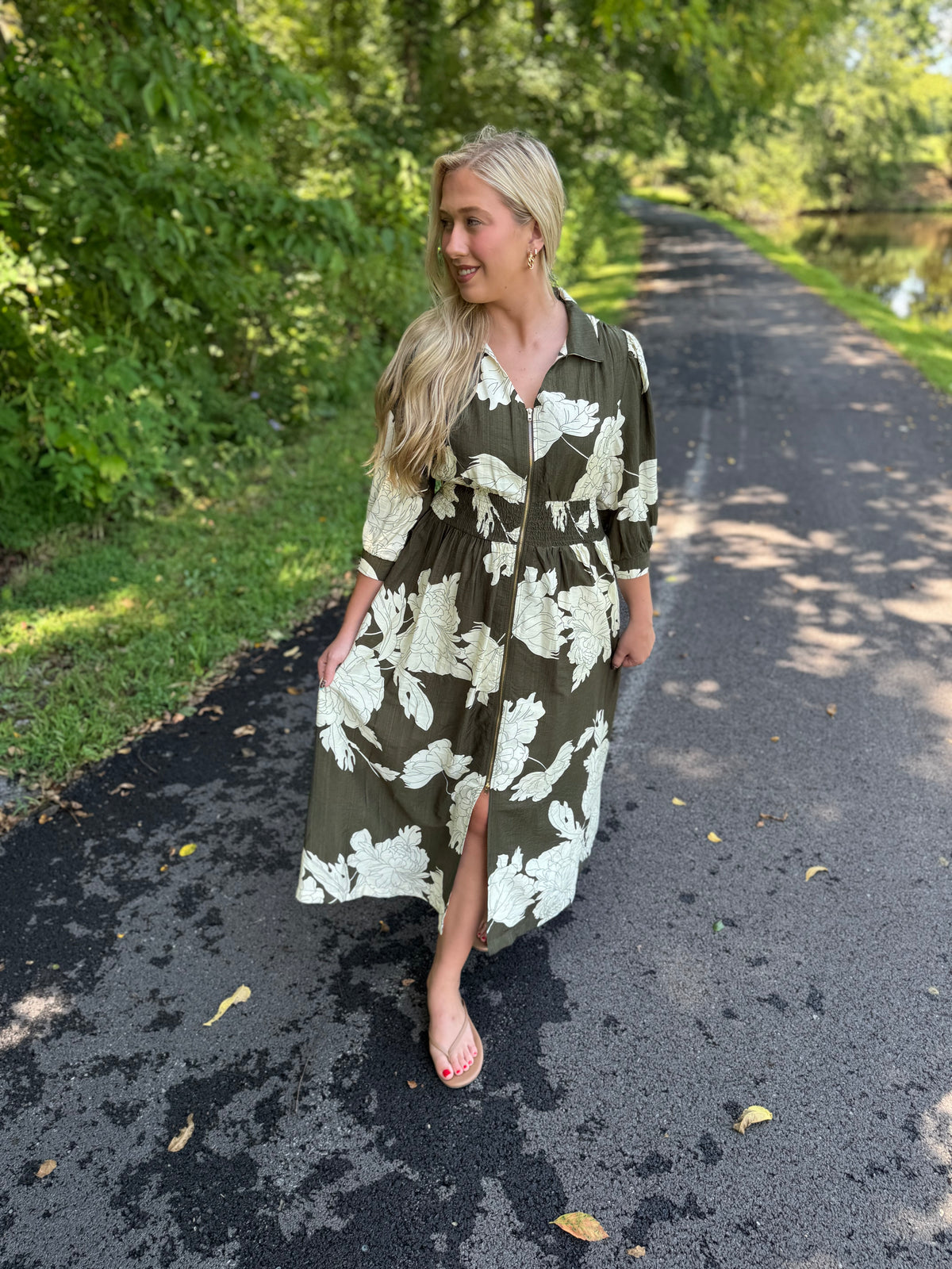 Marsha Olive & Ivory Floral Collared Puff Sleeve Midi Dress