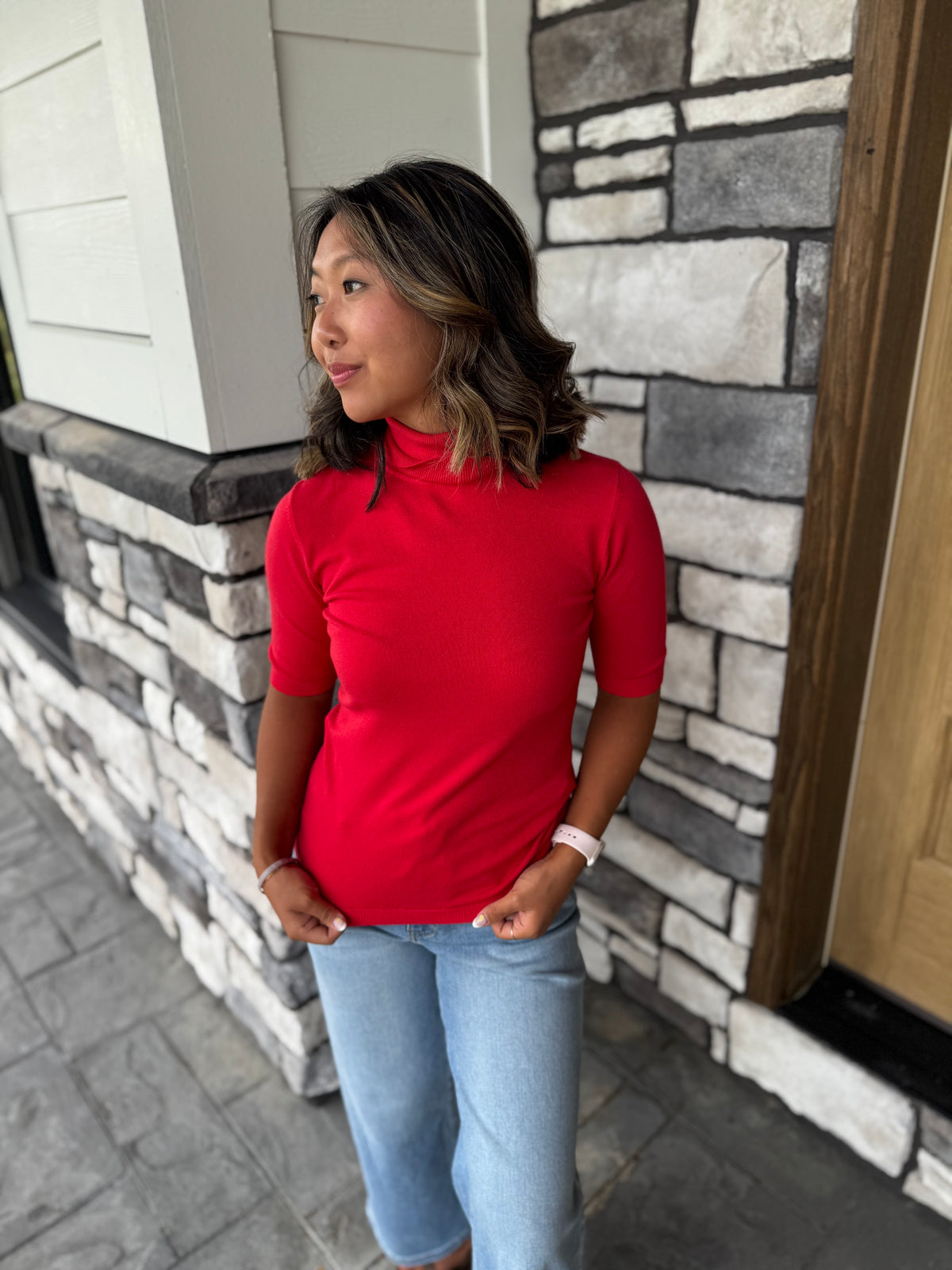 Marietta Red Half Sleeve Turtleneck Sweater Top
