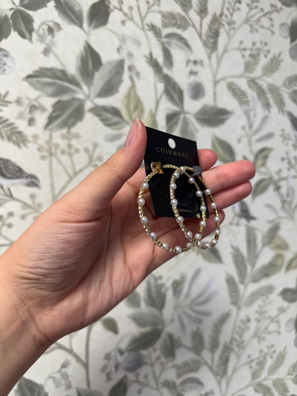 Large Rhinestone & Pearl Gold Hoop Earrings